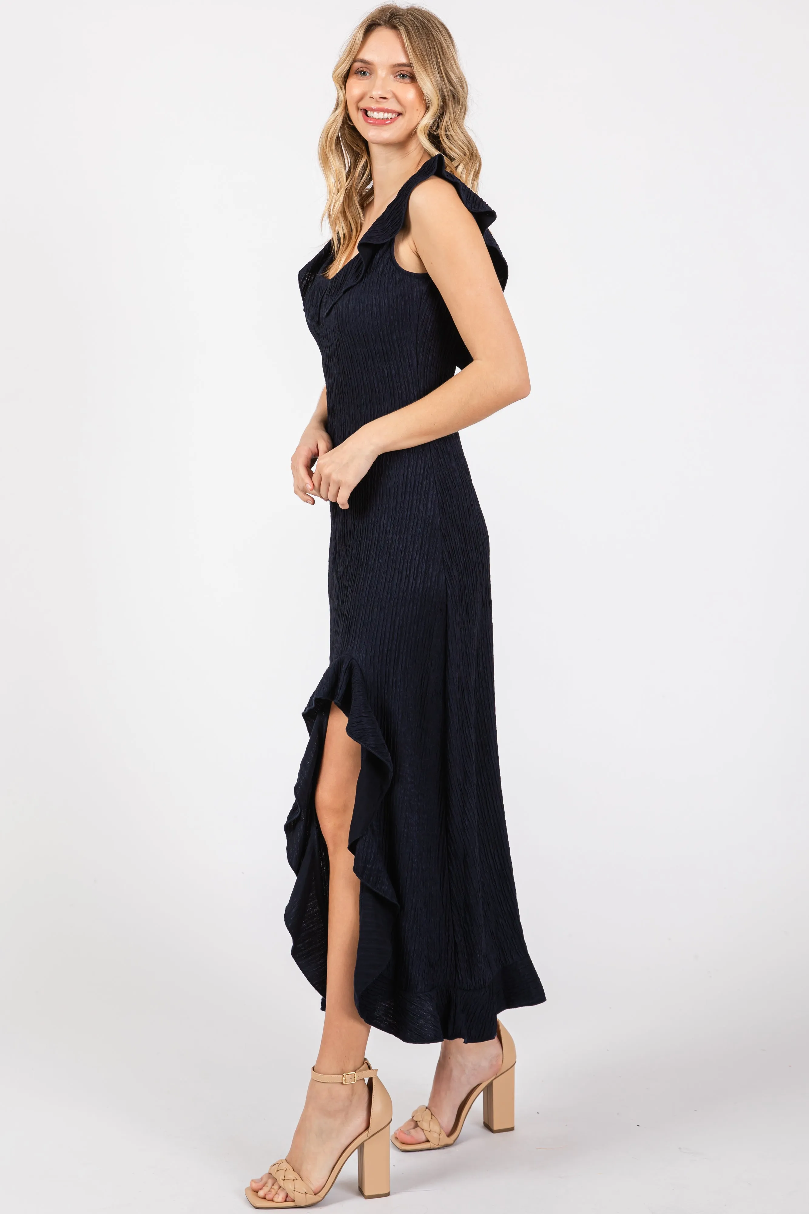 Navy Textured Sleeveless Ruffle Slit Maxi Dress sold by Pinkblush product image thumbnail 2