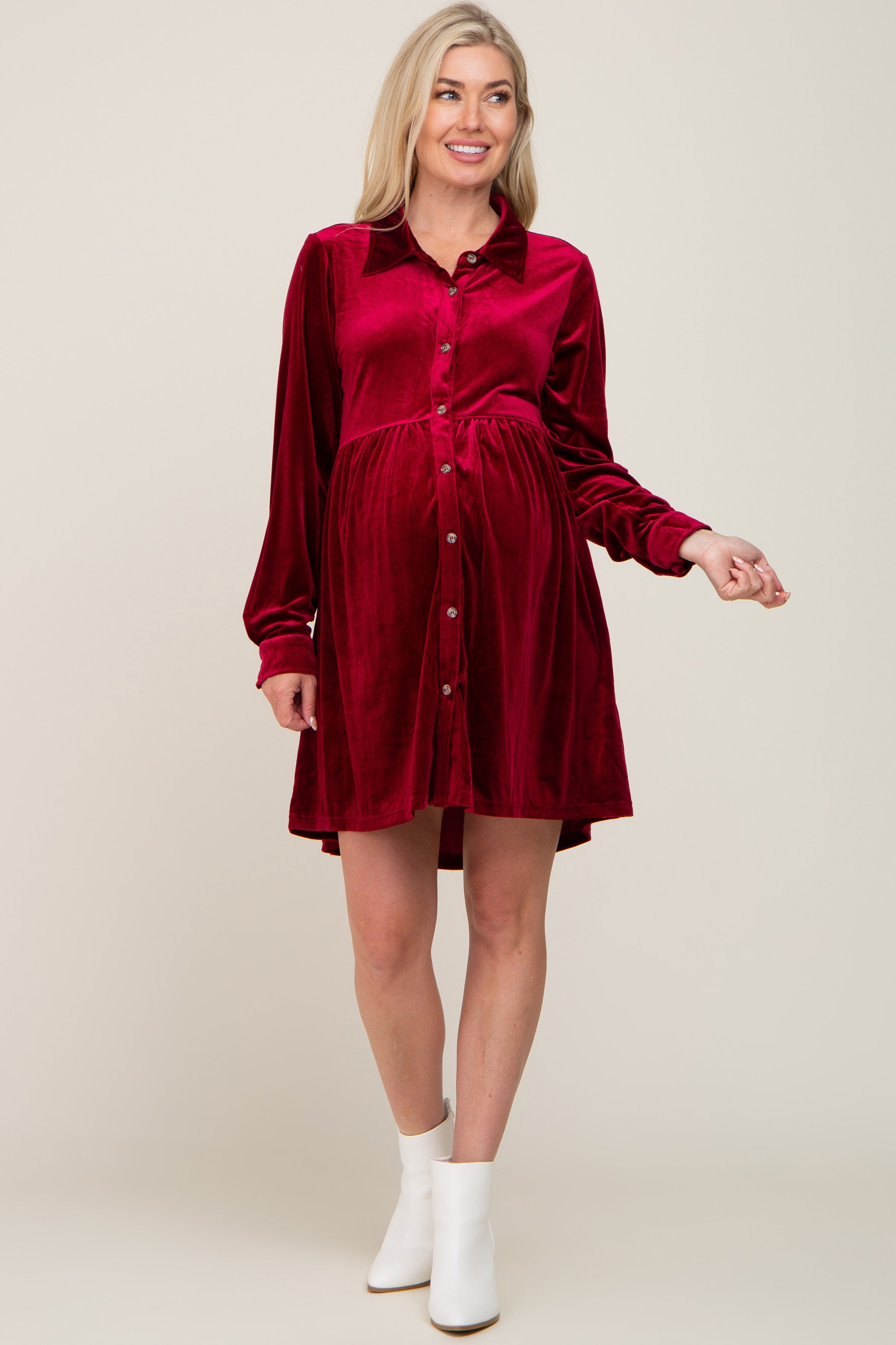 Burgundy Velvet Button Down Maternity Mini Dress sold by Pinkblush product image thumbnail 4