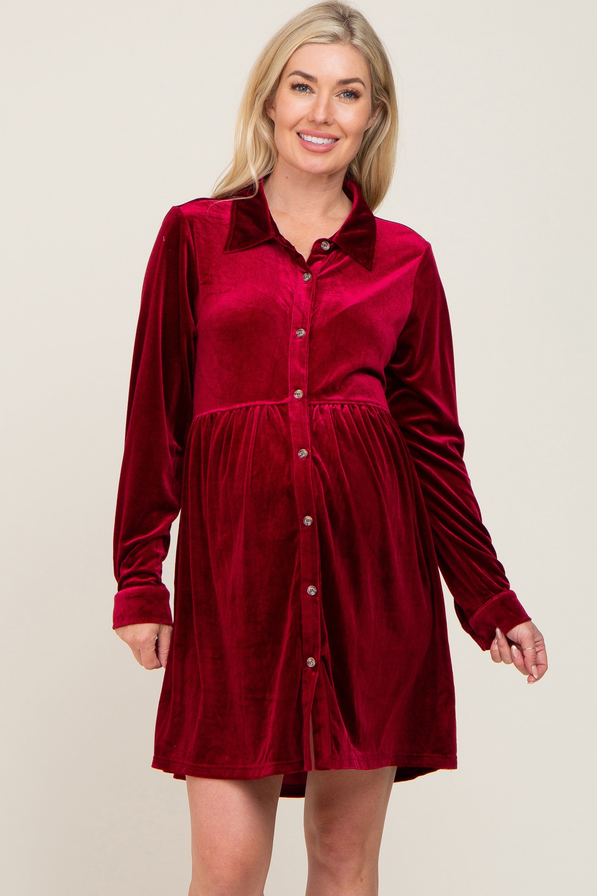 Burgundy Velvet Button Down Maternity Mini Dress sold by Pinkblush