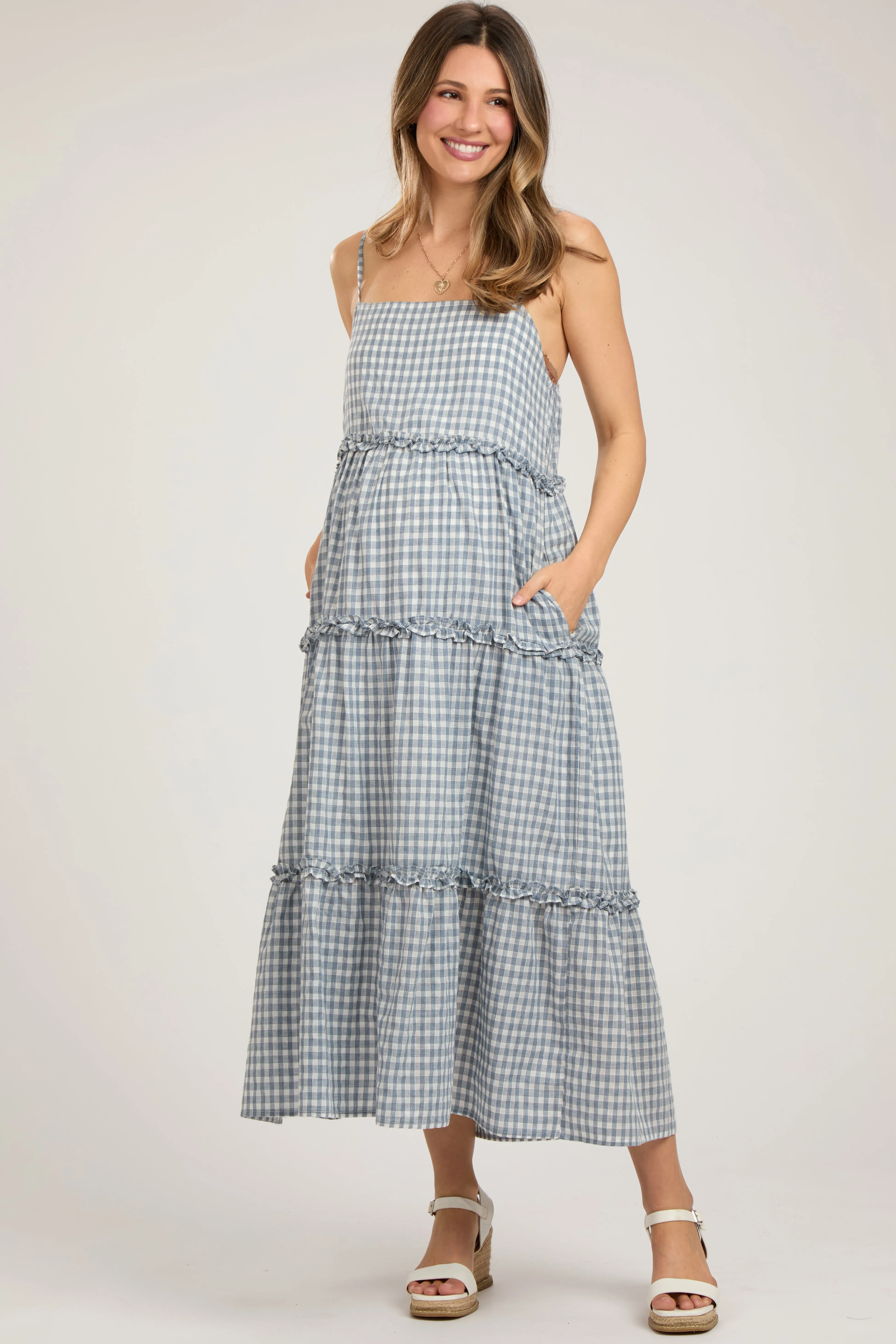 Blue Gingham Ruffle Tiered Maternity Midi Dress sold by Pinkblush