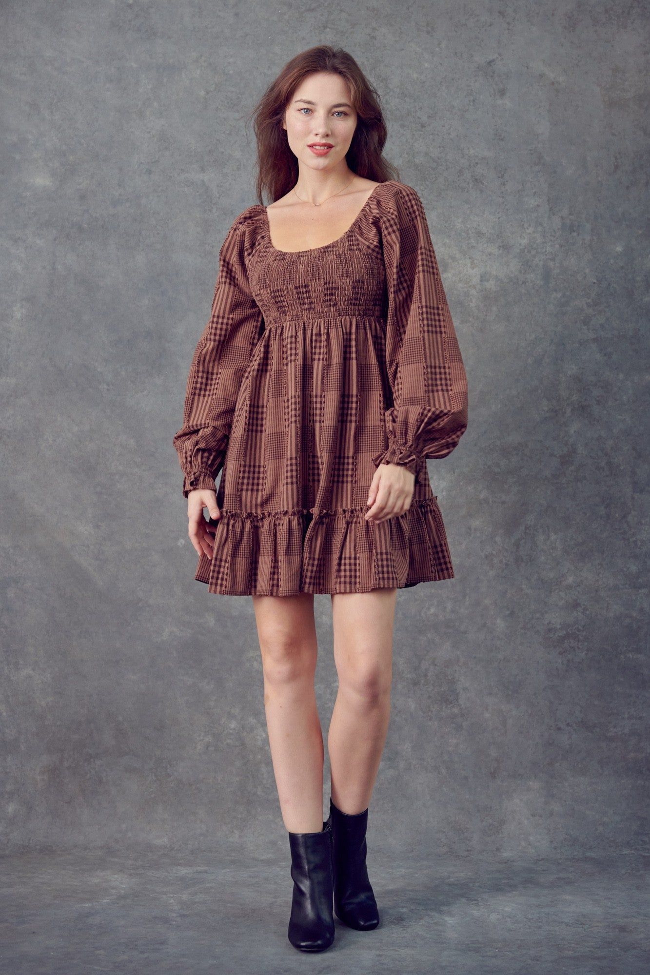 Mocha Brown Plaid Smocked Bodice Long Sleeve Dress sold by Pinkblush product image thumbnail 4