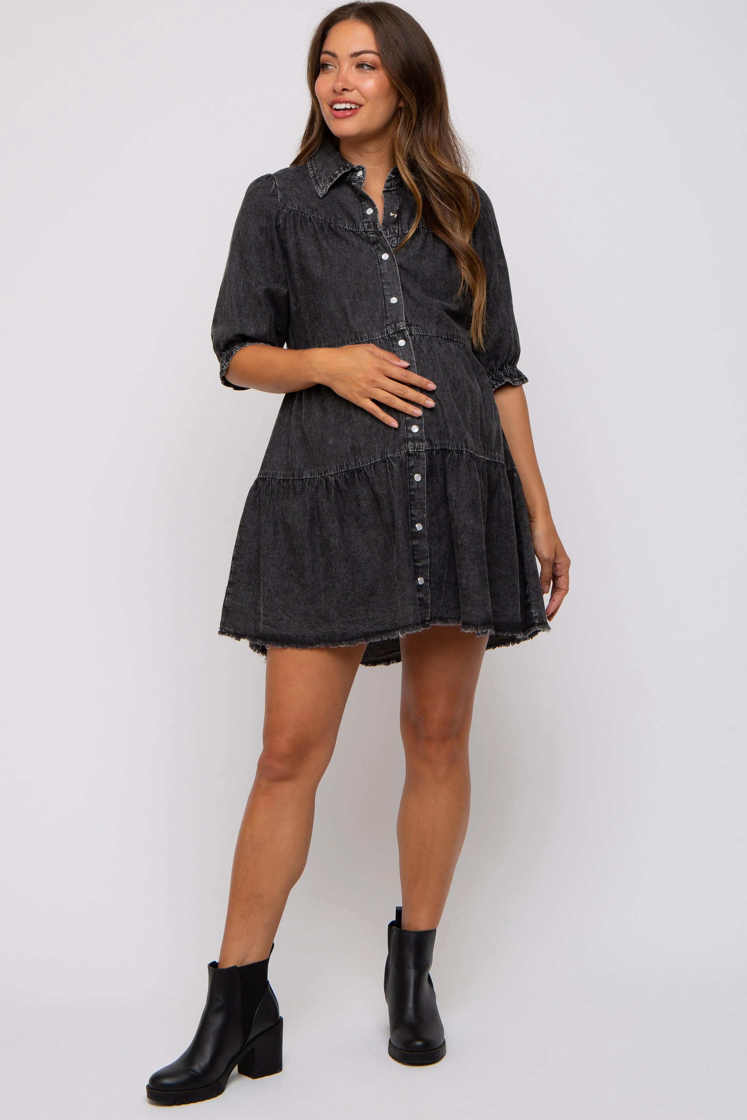 Black Chambray Maternity Tiered Shirt Dress sold by Pinkblush