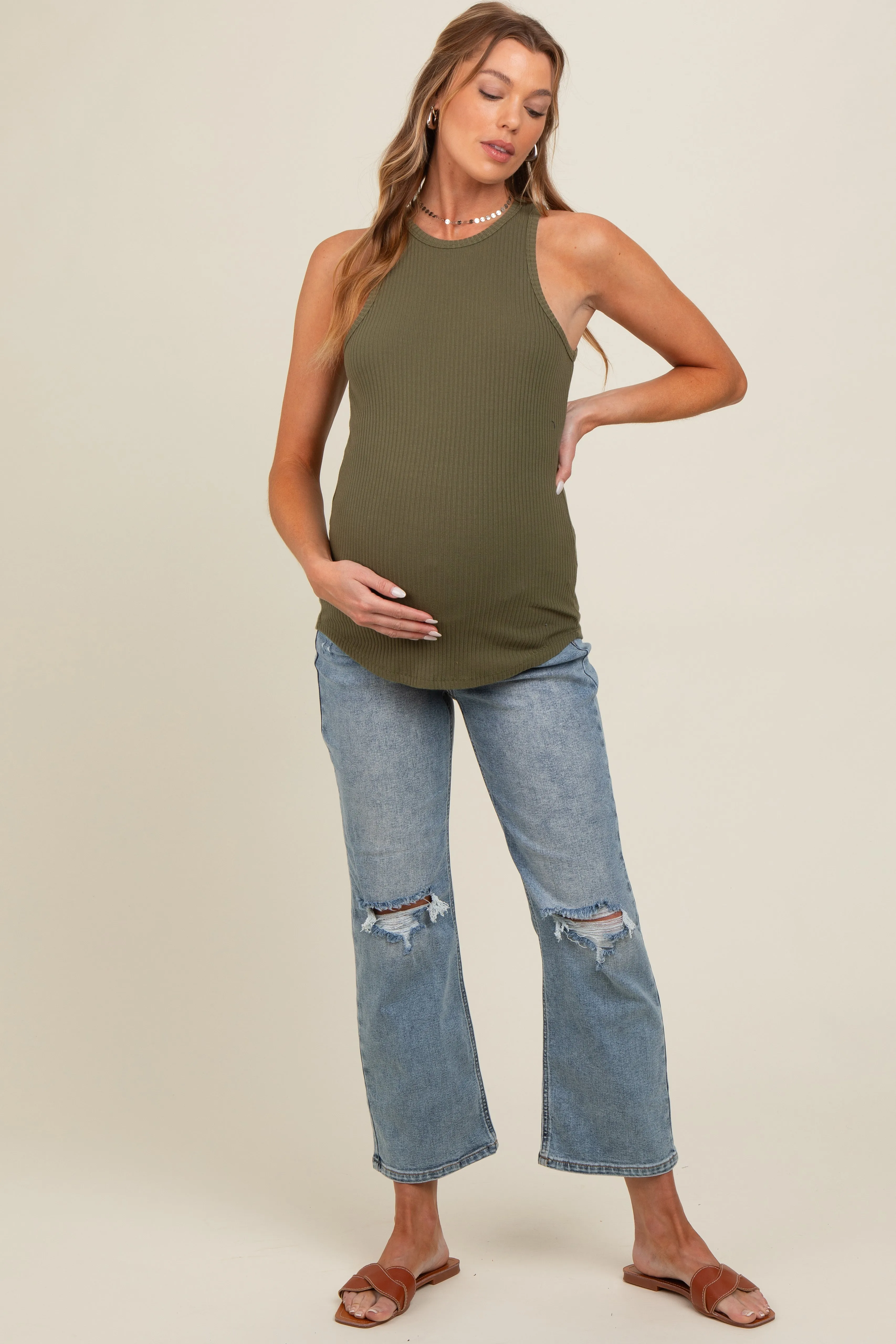 Blue Open Knee Ankle Straight Leg Maternity Jeans sold by Pinkblush product image thumbnail 2
