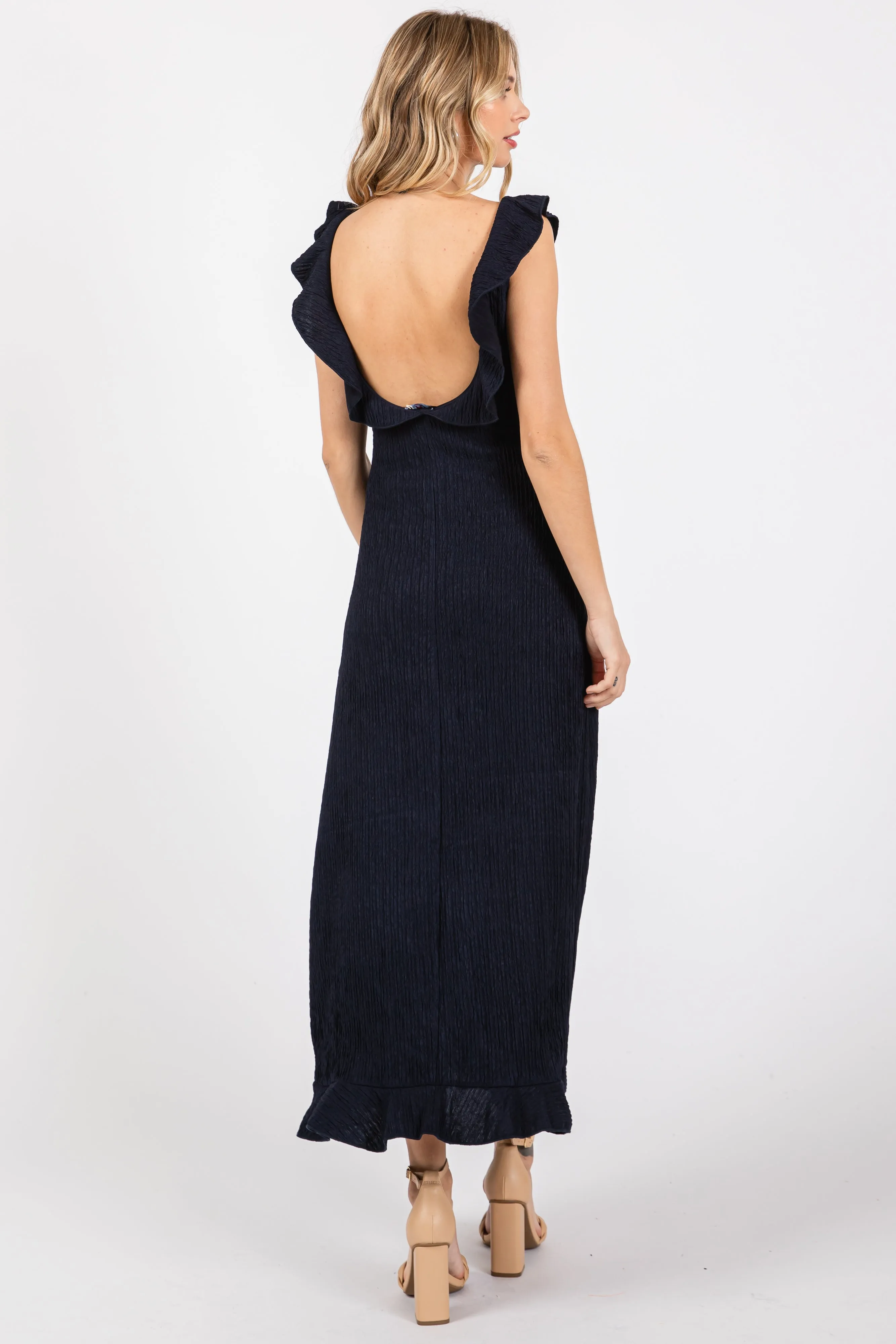 Navy Textured Sleeveless Ruffle Slit Maxi Dress sold by Pinkblush product image thumbnail 3