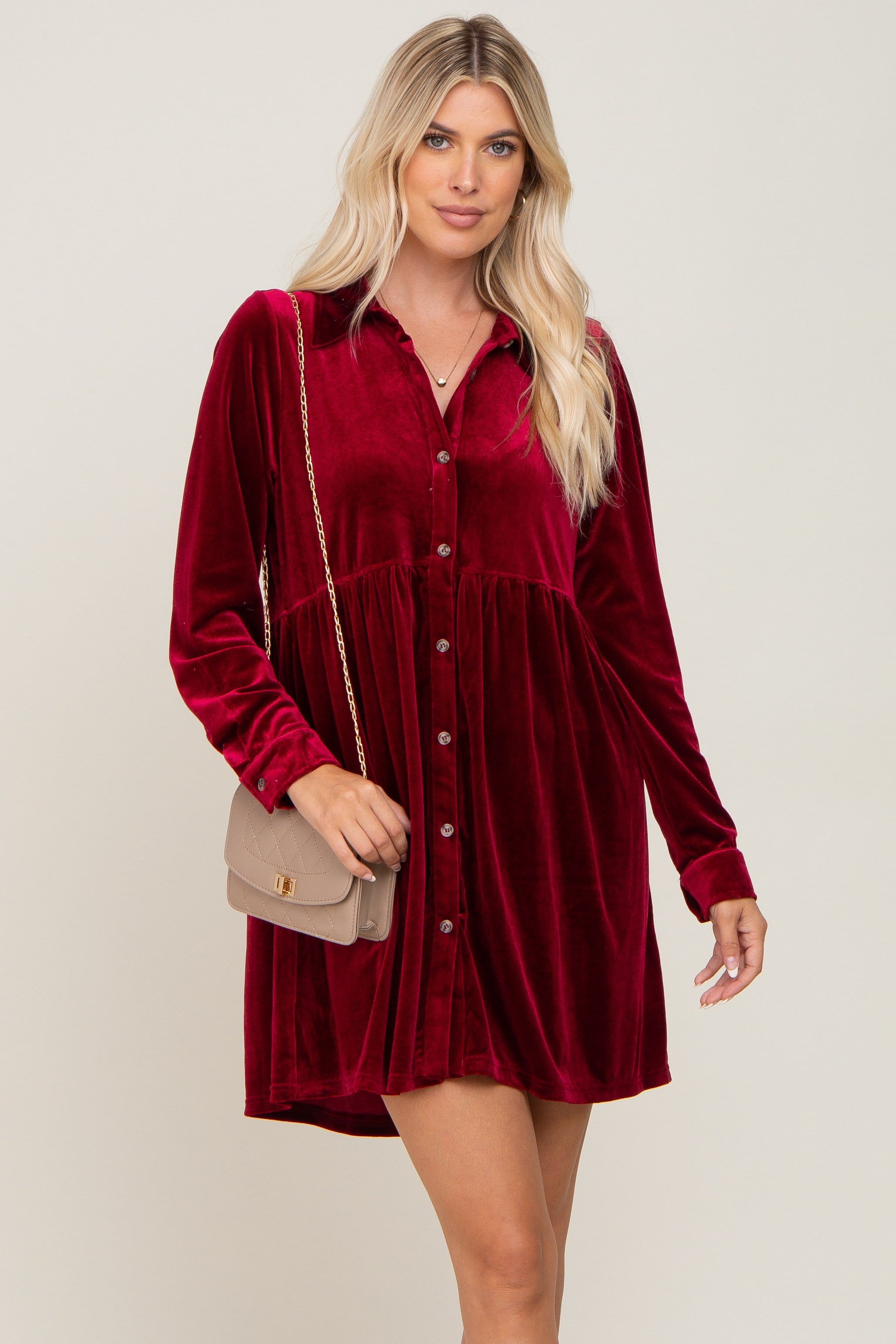 Burgundy Velvet Button Down Maternity Mini Dress sold by Pinkblush product image thumbnail 5