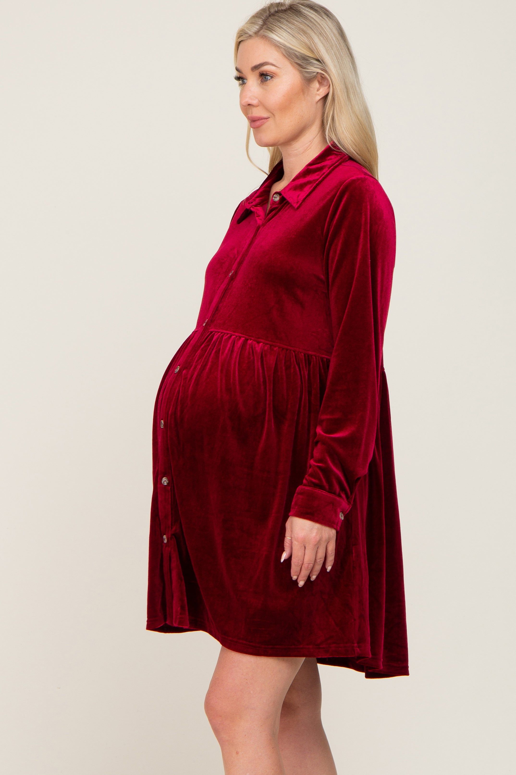 Burgundy Velvet Button Down Maternity Mini Dress sold by Pinkblush product image thumbnail 2