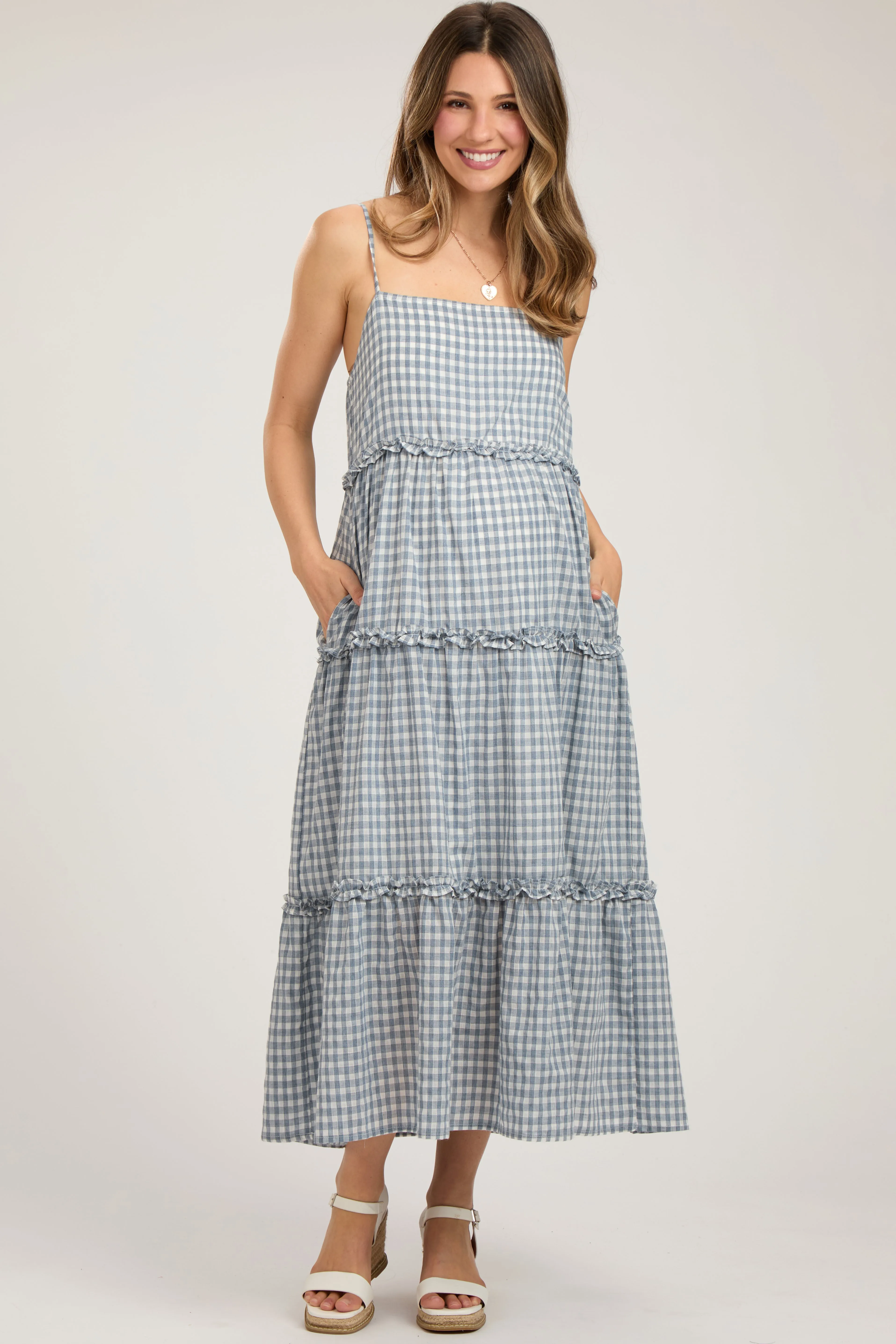Blue Gingham Ruffle Tiered Maternity Midi Dress sold by Pinkblush product image thumbnail 2