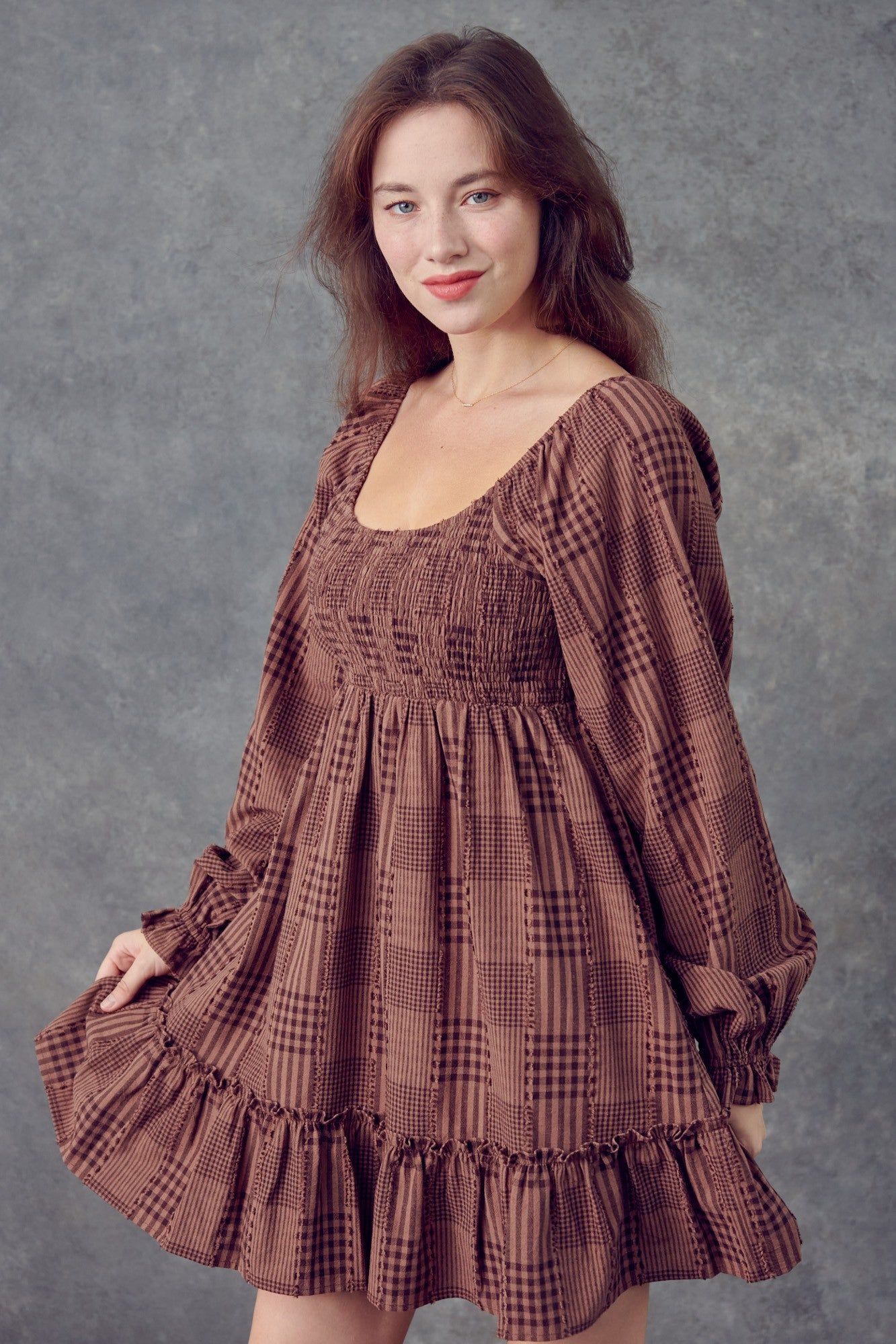 Mocha Brown Plaid Smocked Bodice Long Sleeve Dress sold by Pinkblush product image thumbnail 2