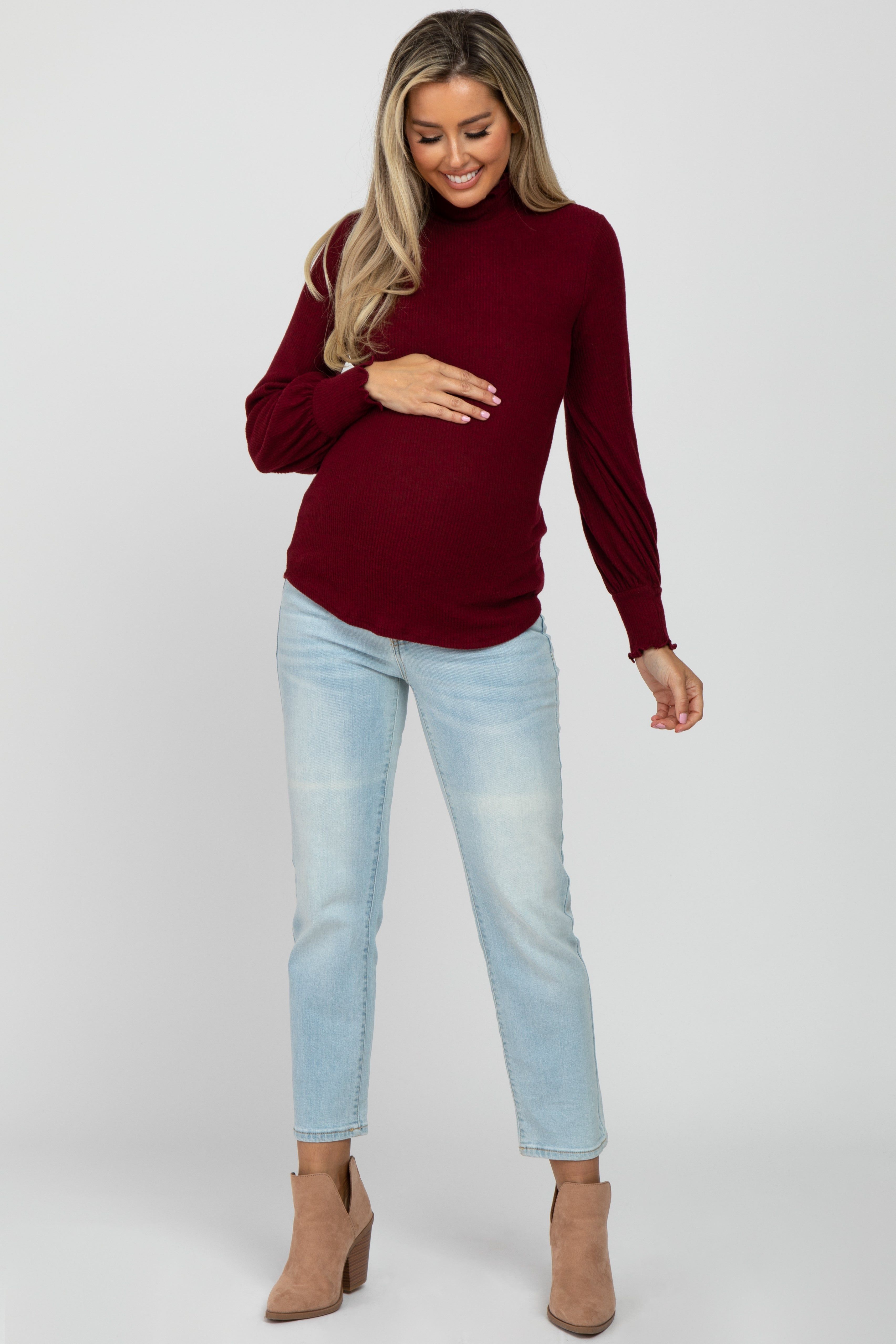 Burgundy Brushed Ribbed Mock Neck Maternity Top sold by Pinkblush product image thumbnail 2