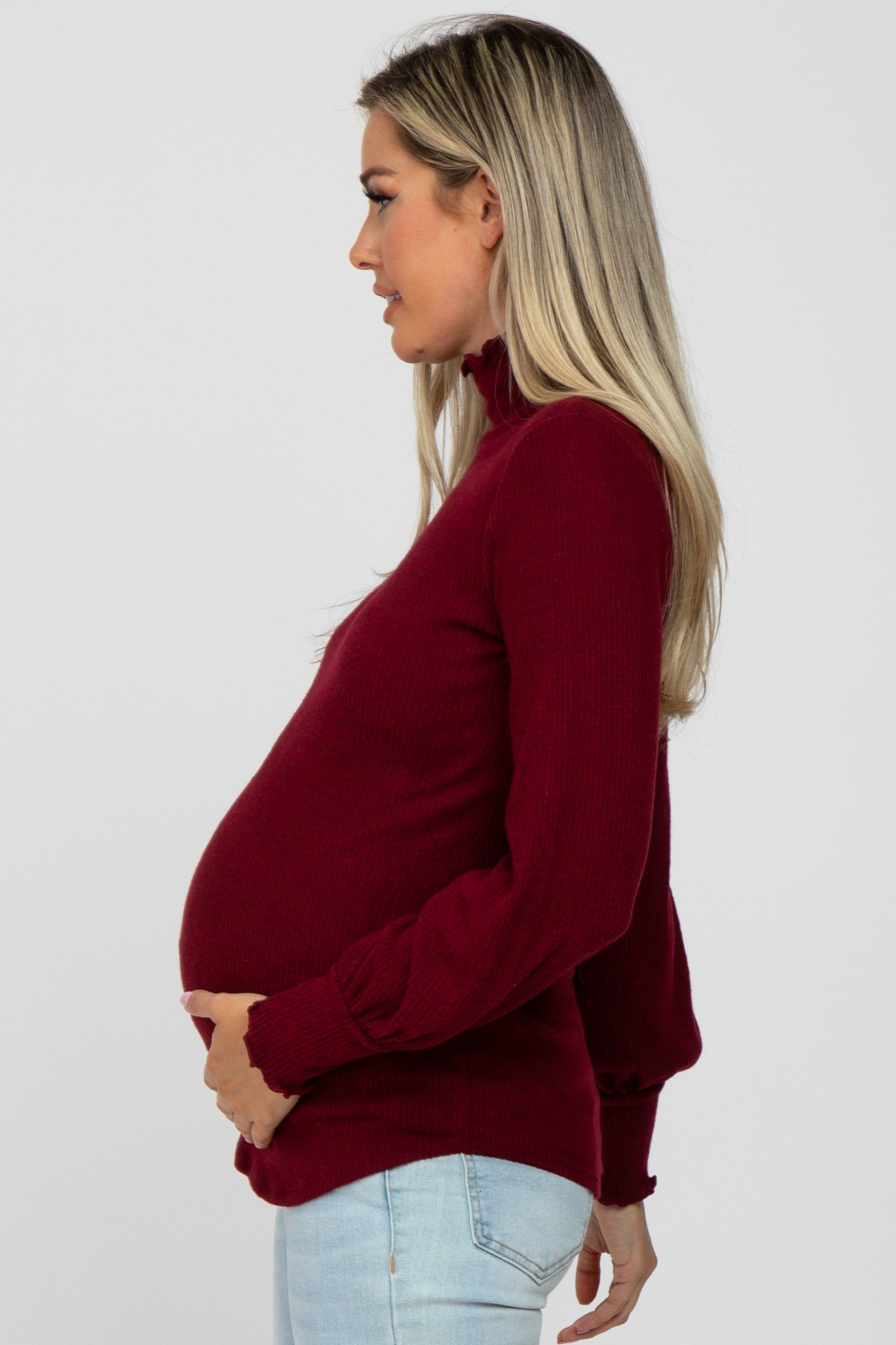 Burgundy Brushed Ribbed Mock Neck Maternity Top sold by Pinkblush product image thumbnail 3