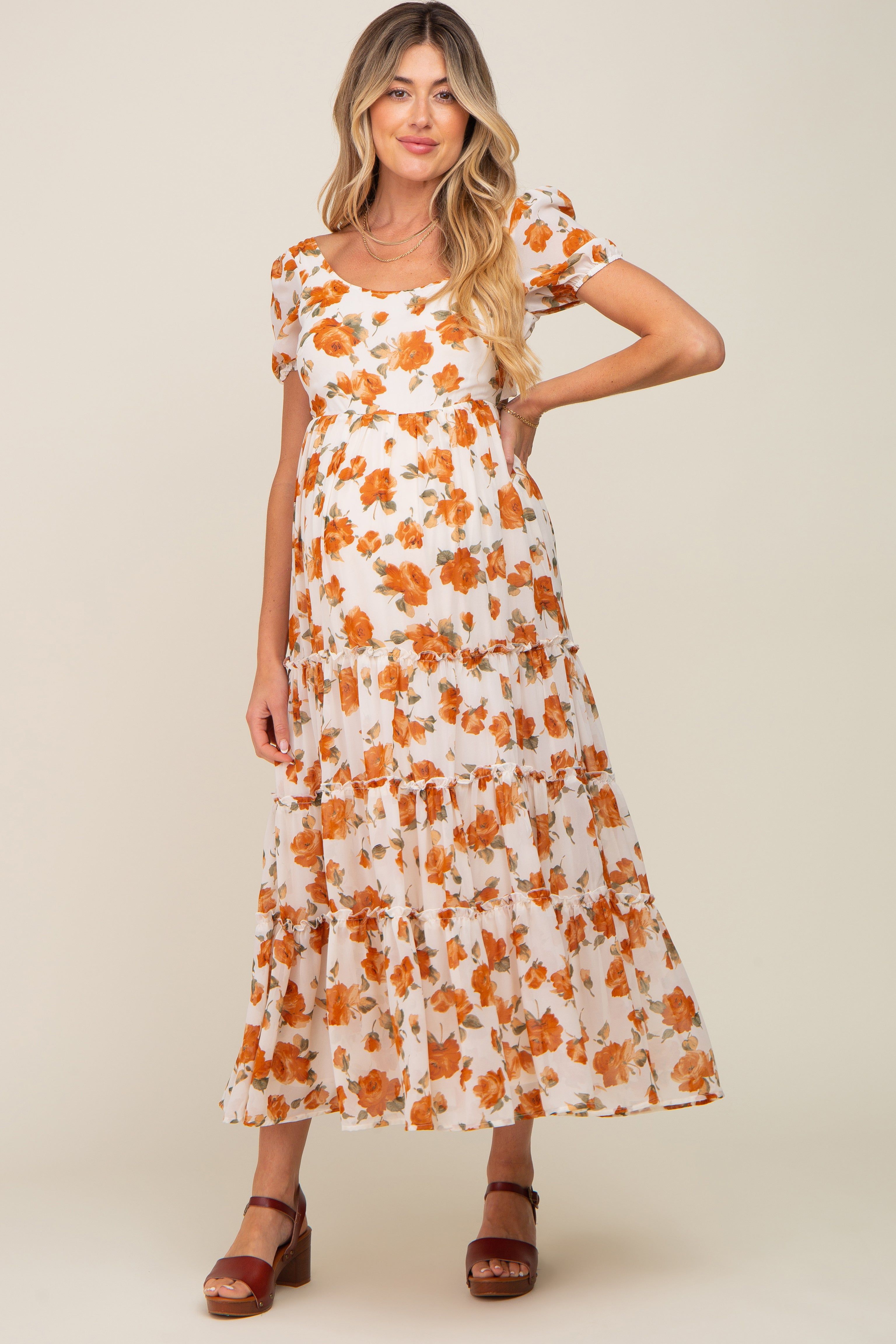 Camel Floral Chiffon Back Cut-Out Tiered Maternity Midi Dress sold by Pinkblush product image thumbnail 4