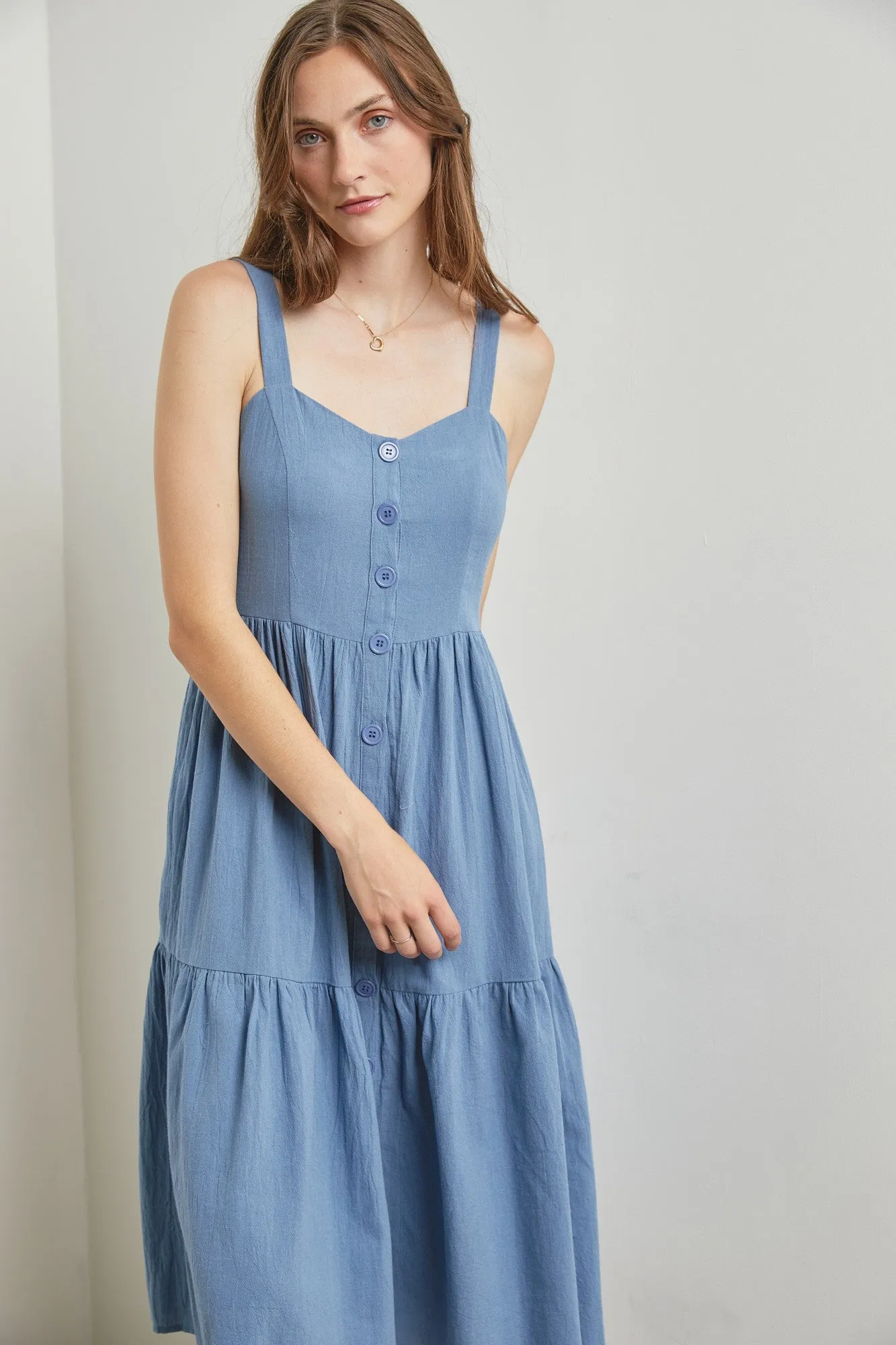 Blue Sweetheart Neck Button Front Tiered Midi Dress sold by Pinkblush product image thumbnail 4