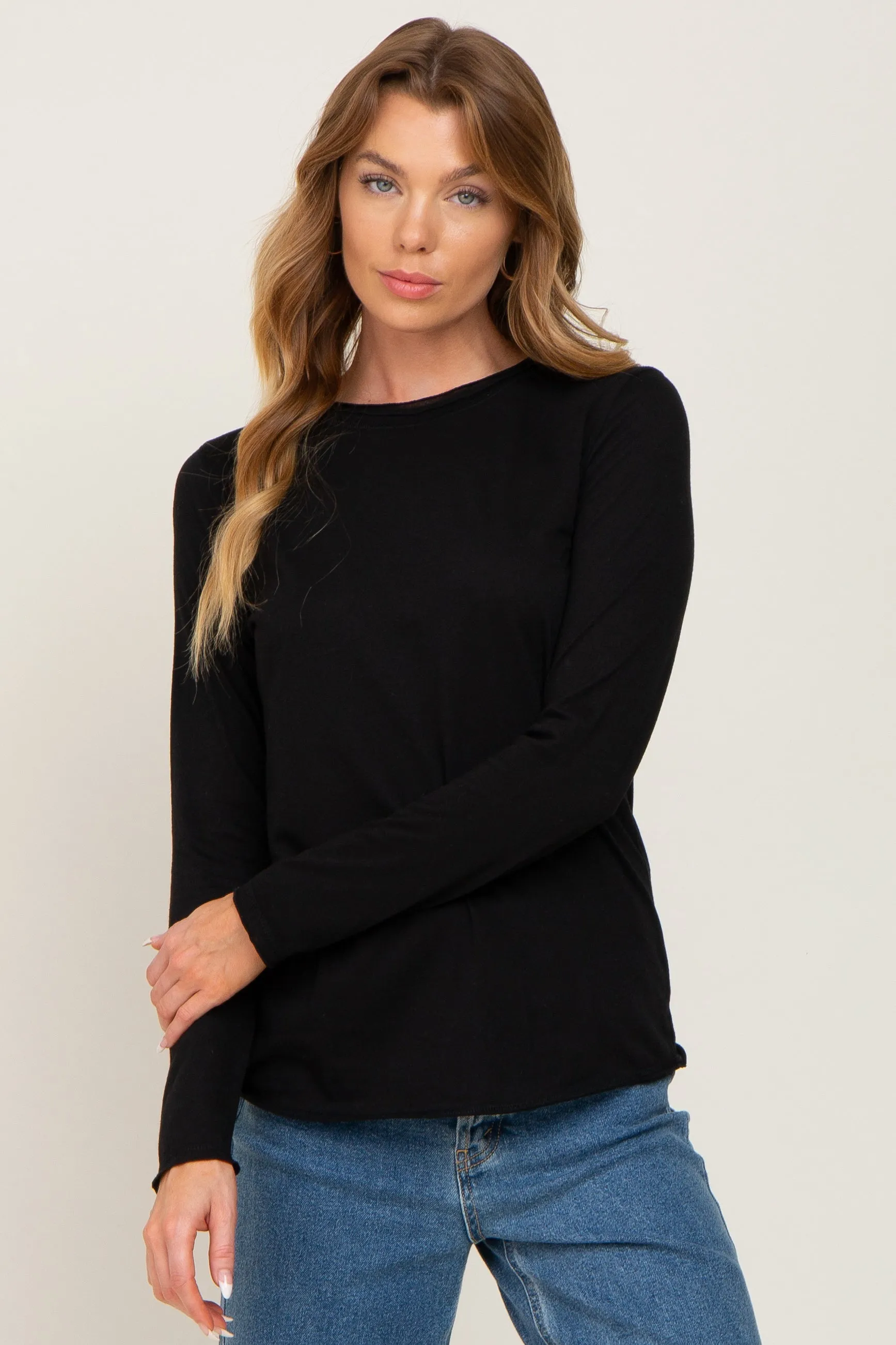 Black Basic Raw Hem Maternity Long Sleeve Top sold by Pinkblush product image thumbnail 5