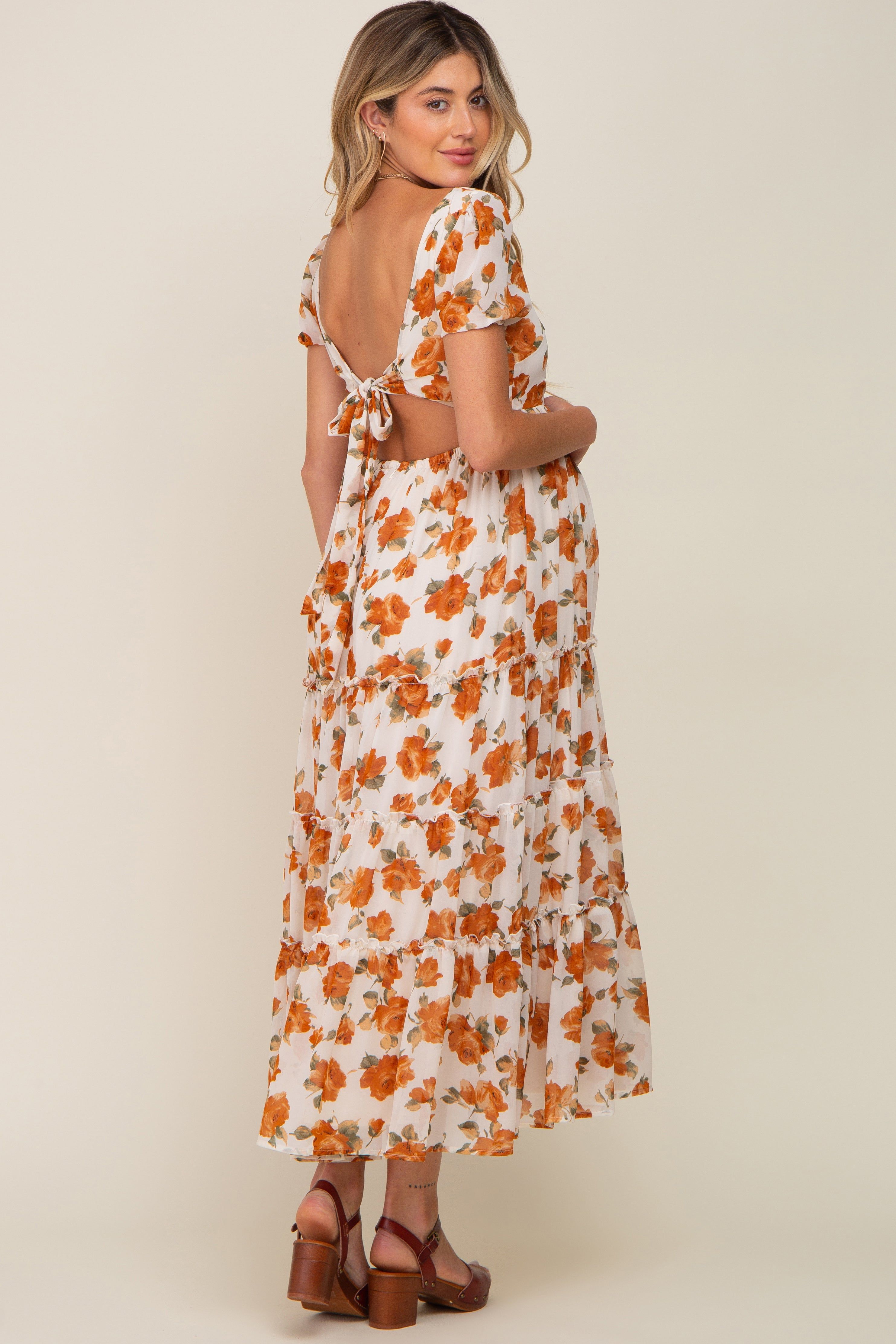 Camel Floral Chiffon Back Cut-Out Tiered Maternity Midi Dress sold by Pinkblush