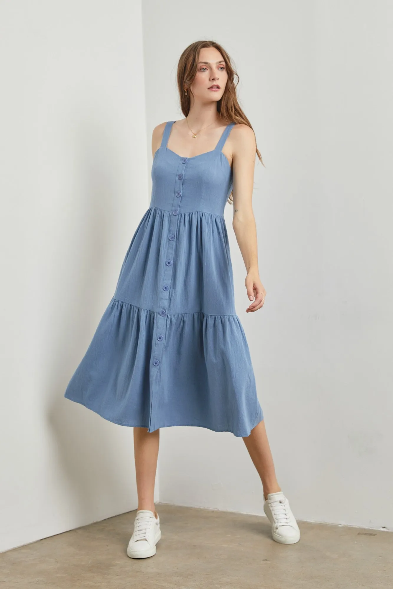 Blue Sweetheart Neck Button Front Tiered Midi Dress sold by Pinkblush