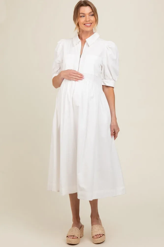 White Half Zip Maternity Midi Dress sold by Pinkblush