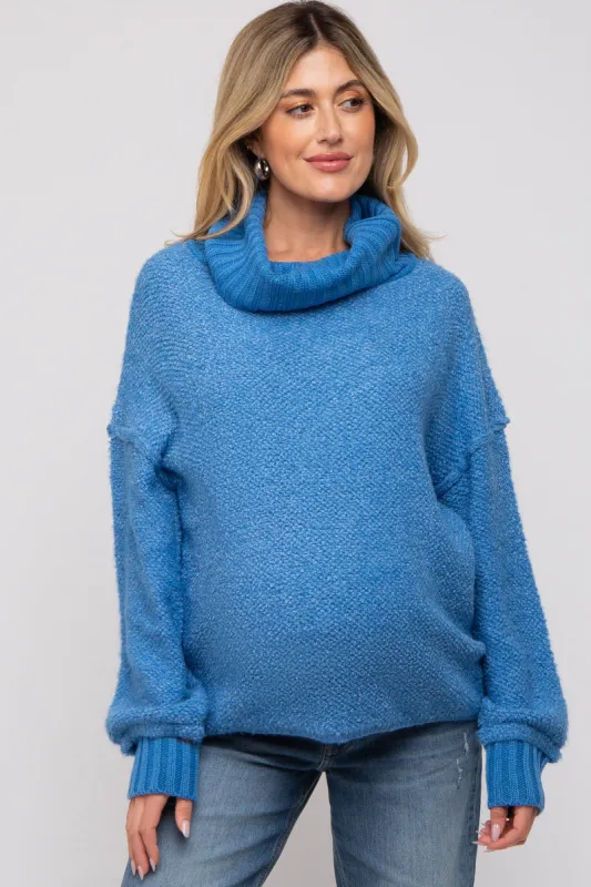Blue Turtleneck Boucle Maternity Sweater sold by Pinkblush