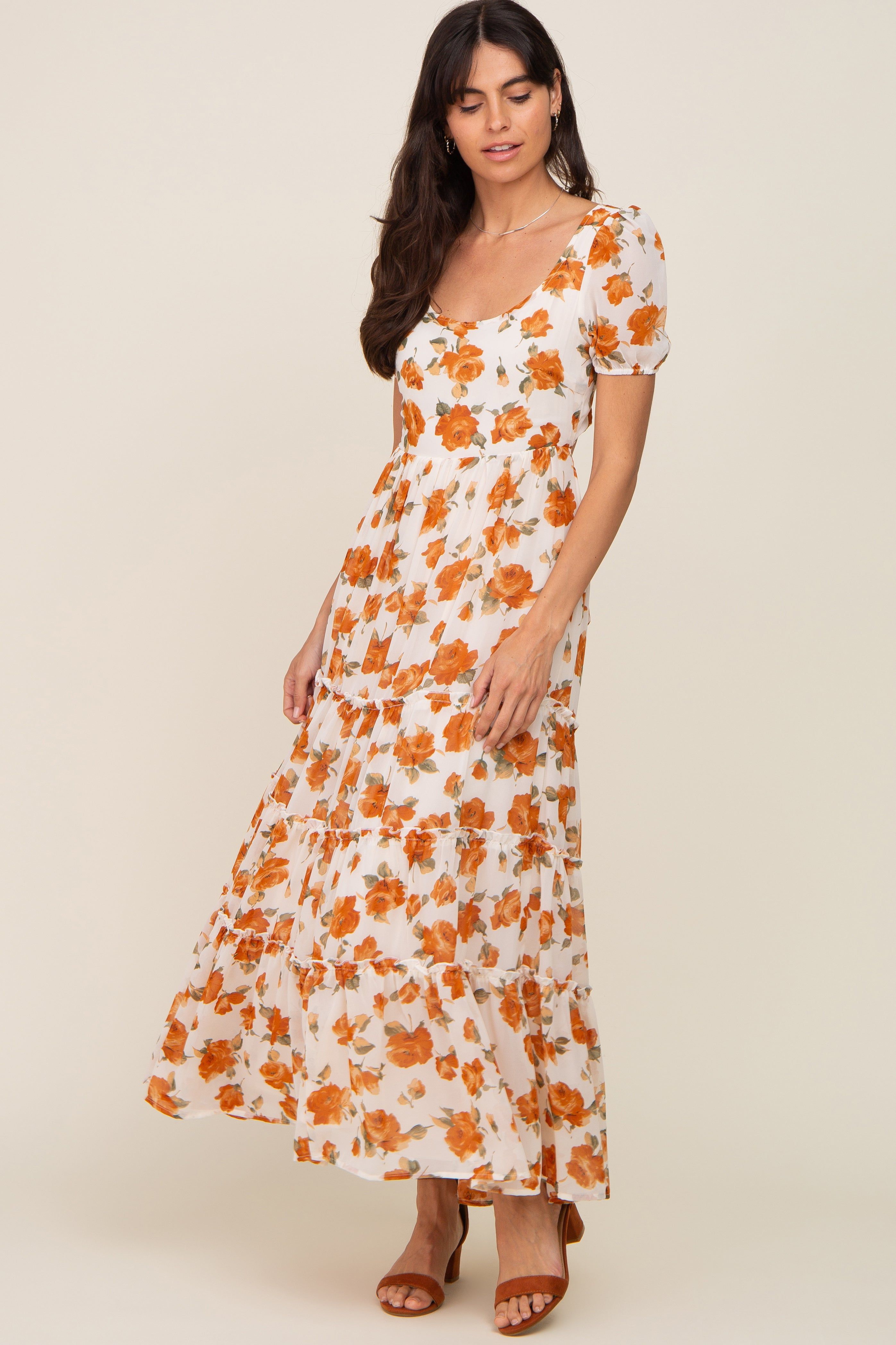Camel Floral Chiffon Back Cut-Out Tiered Maternity Midi Dress sold by Pinkblush product image thumbnail 5