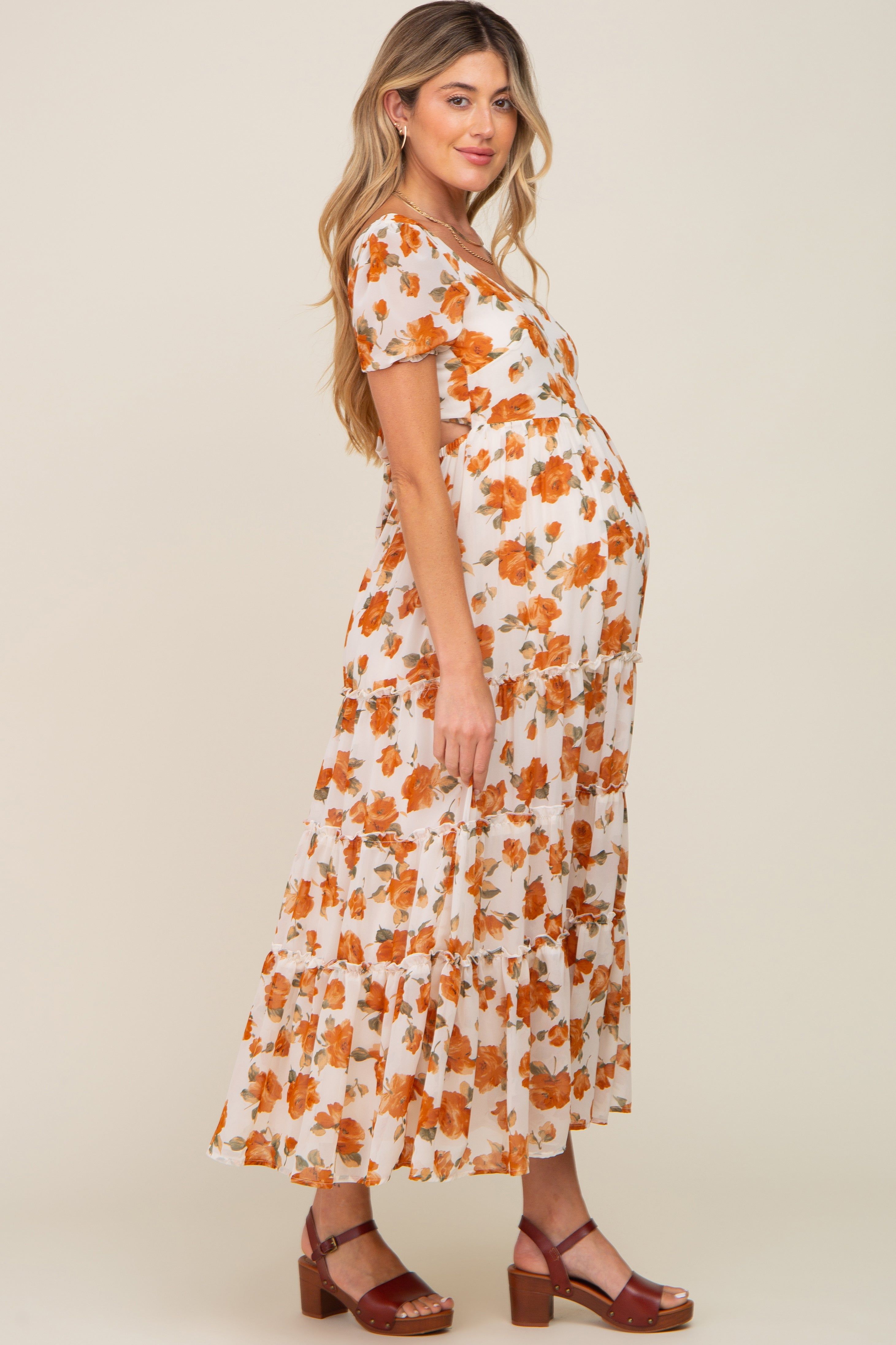 Camel Floral Chiffon Back Cut-Out Tiered Maternity Midi Dress sold by Pinkblush product image thumbnail 2