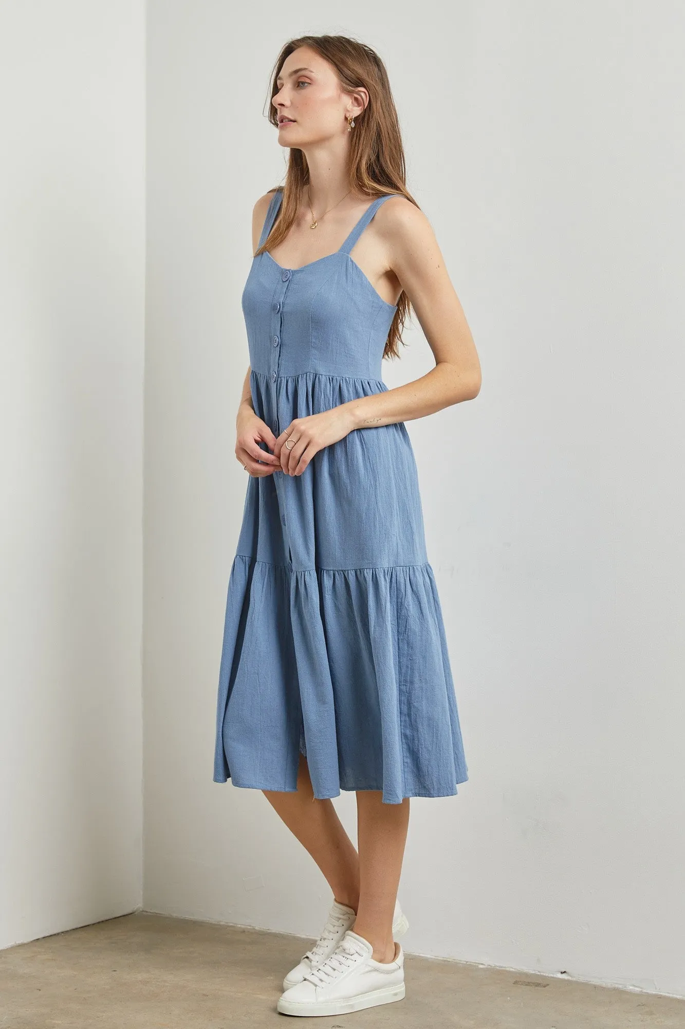 Blue Sweetheart Neck Button Front Tiered Midi Dress sold by Pinkblush product image thumbnail 2
