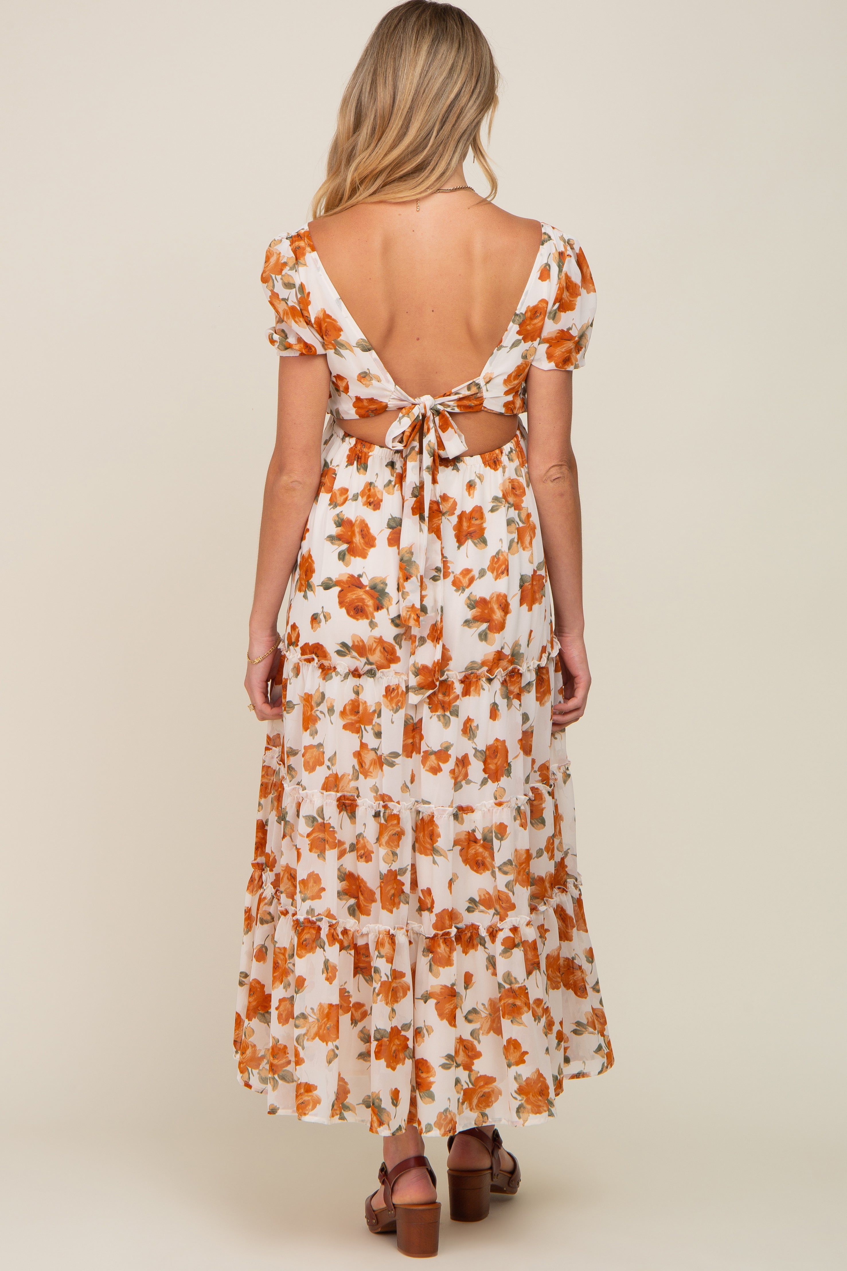 Camel Floral Chiffon Back Cut-Out Tiered Maternity Midi Dress sold by Pinkblush product image thumbnail 3