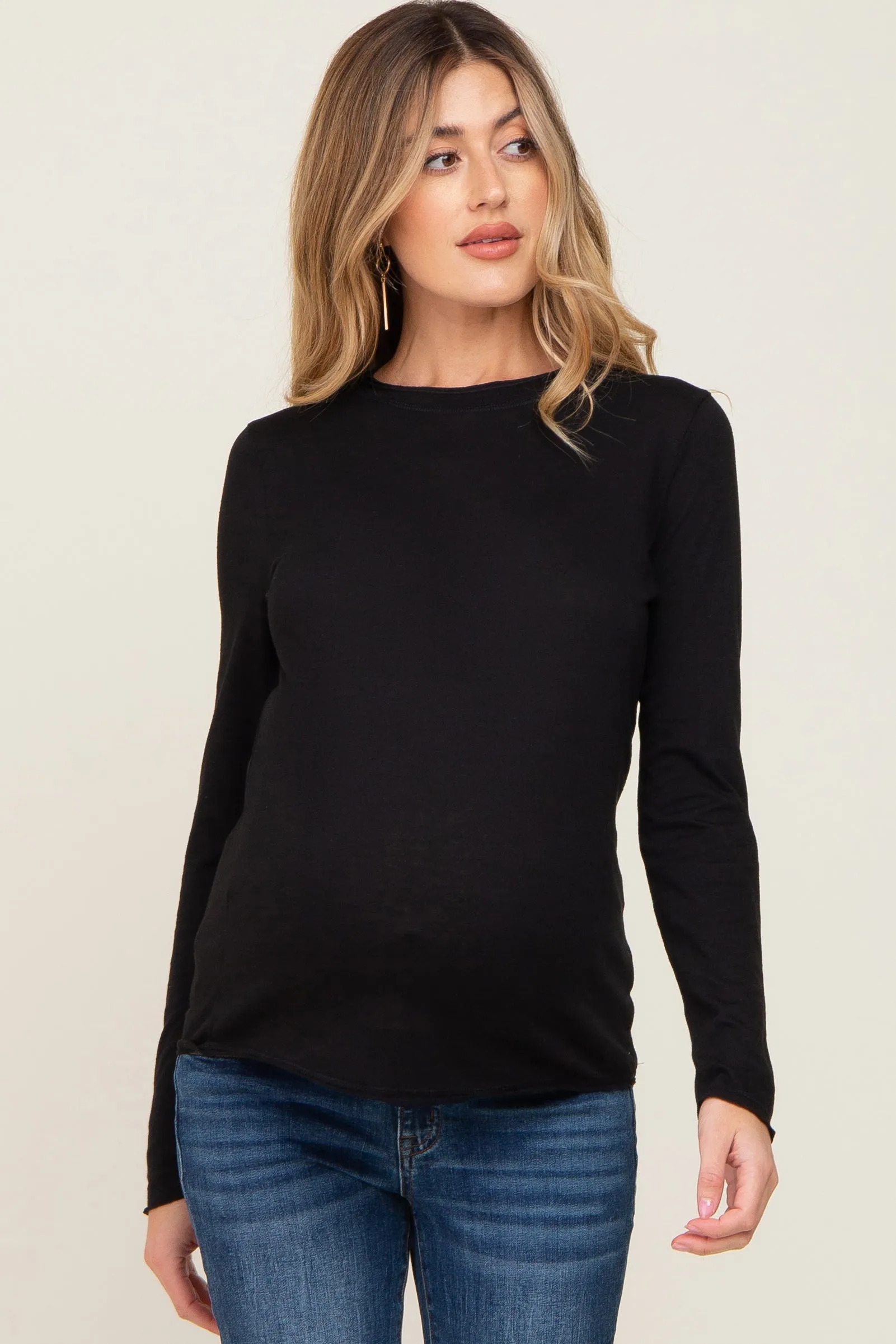 Black Basic Raw Hem Maternity Long Sleeve Top sold by Pinkblush