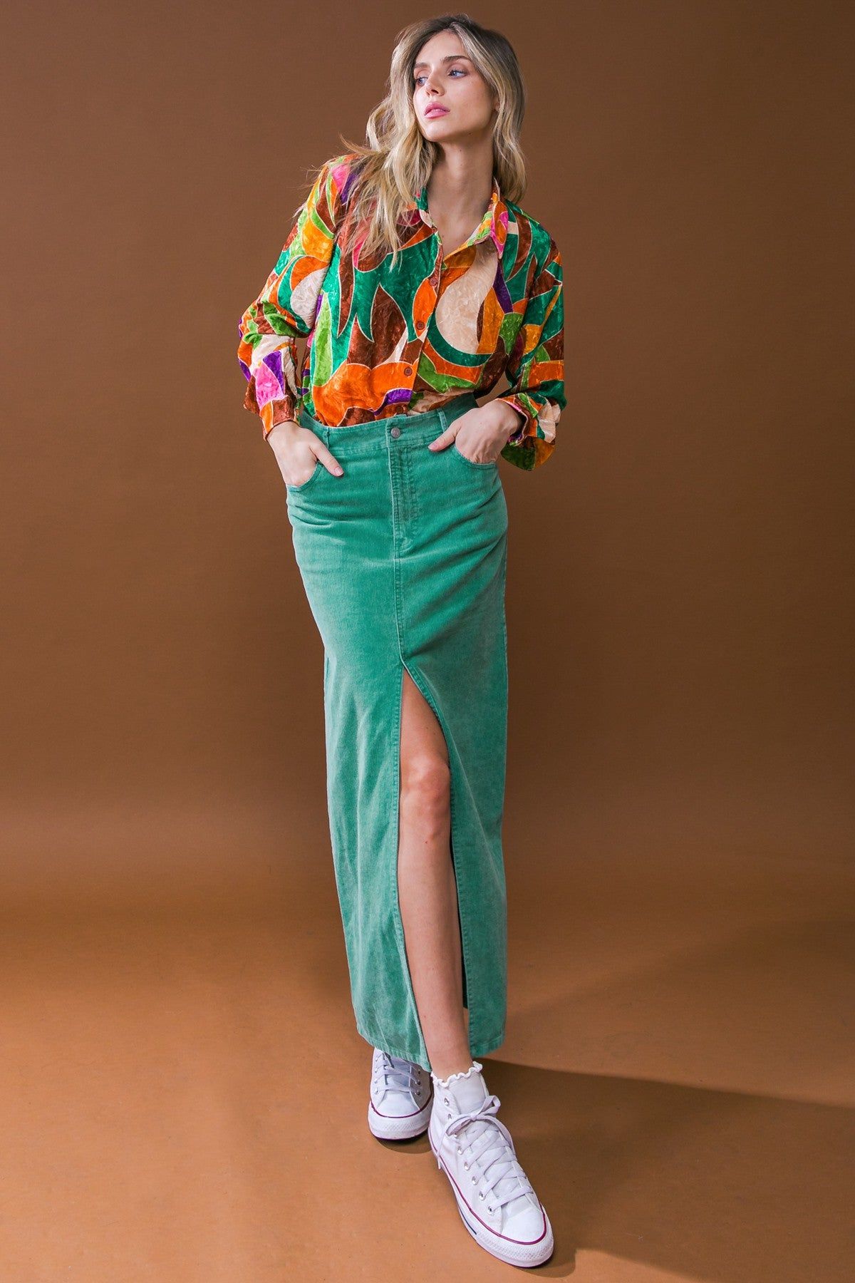 Green Front Slit Maxi Skirt sold by Pinkblush