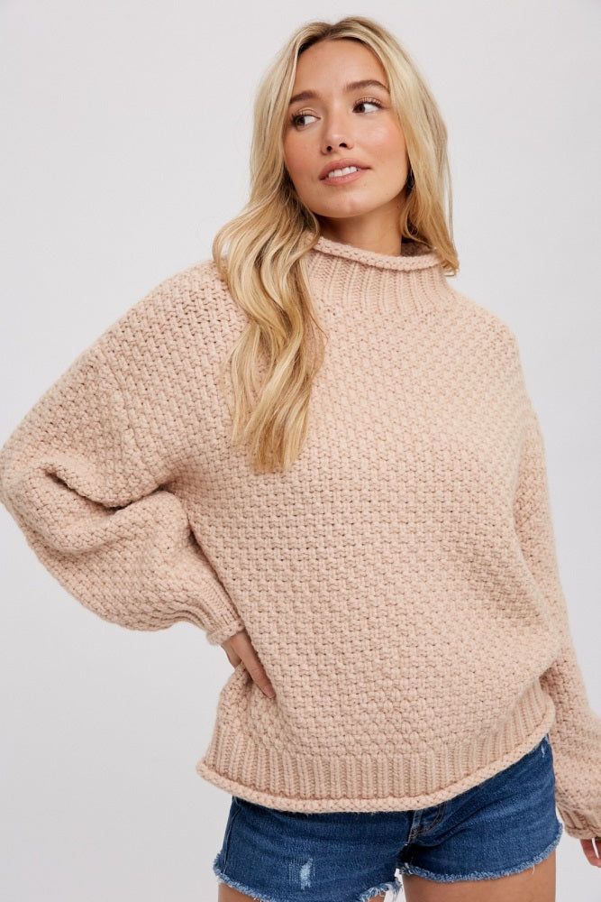 Beige Chunky Knit Mock Neck Sweater sold by Pinkblush