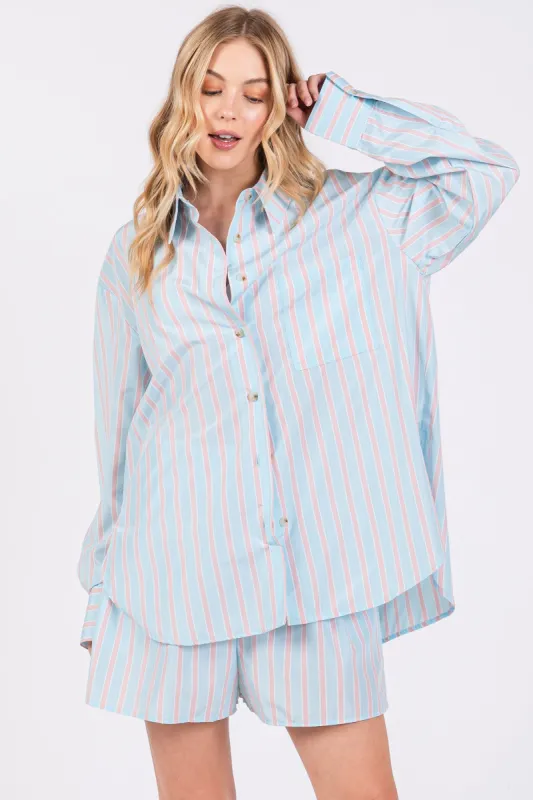 Light Blue Striped Button Down Top and Short Set sold by Pinkblush