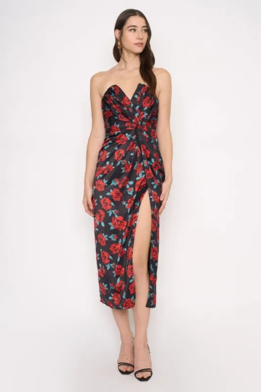 Red Multi Strapless Floral Dress With Thigh Slit sold by Pinkblush