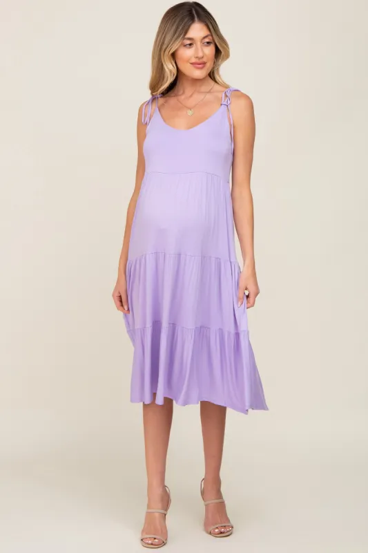 Lavender Sleeveless Tiered Maternity Midi Dress sold by Pinkblush