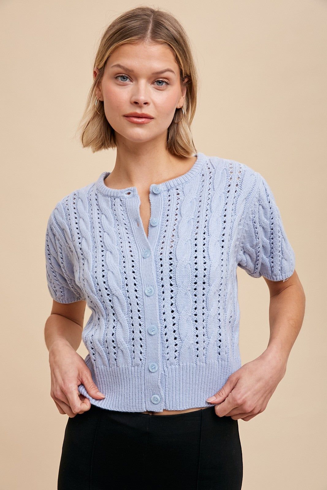 Powder Blue Cable Knit Puff Sleeve Cardigan sold by Pinkblush product image thumbnail 2