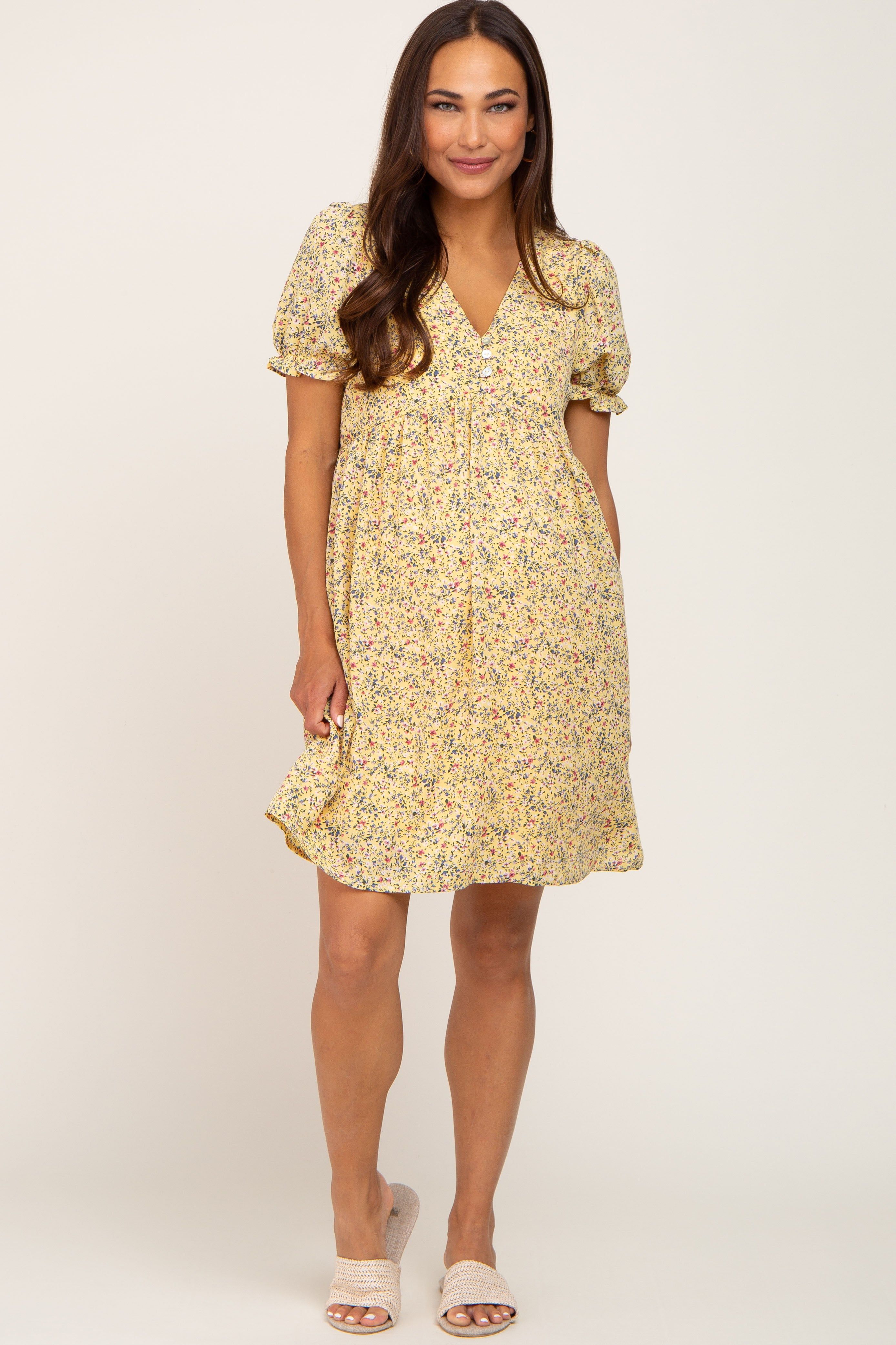 Yellow Floral V-Neck Button Maternity Dress sold by Pinkblush product image thumbnail 5