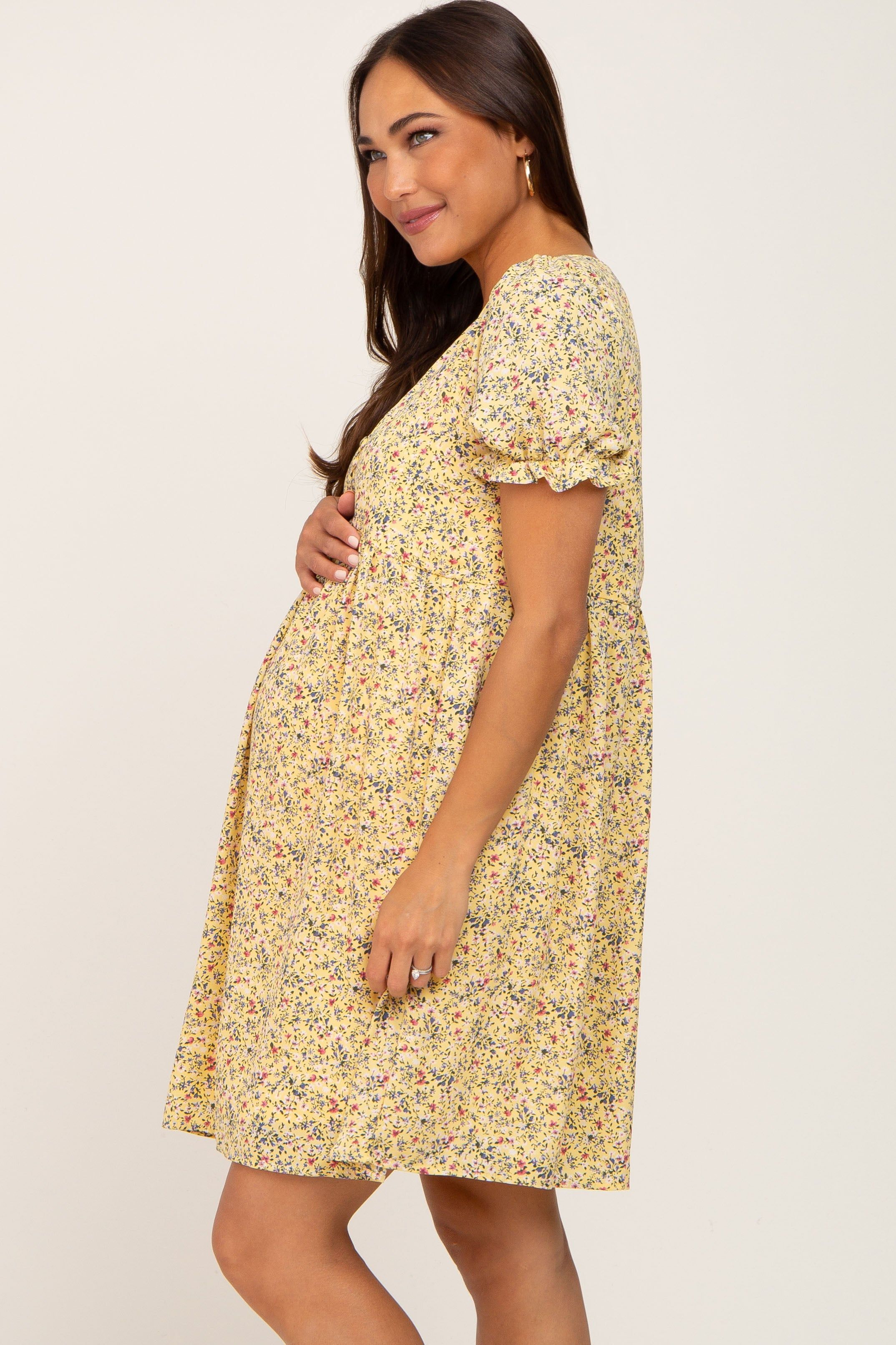 Yellow Floral V-Neck Button Maternity Dress sold by Pinkblush product image thumbnail 2