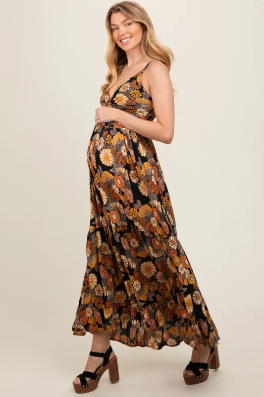 Black Floral Knot Front V-Neck Ruffle Hem Maternity Maxi Dress sold by Pinkblush