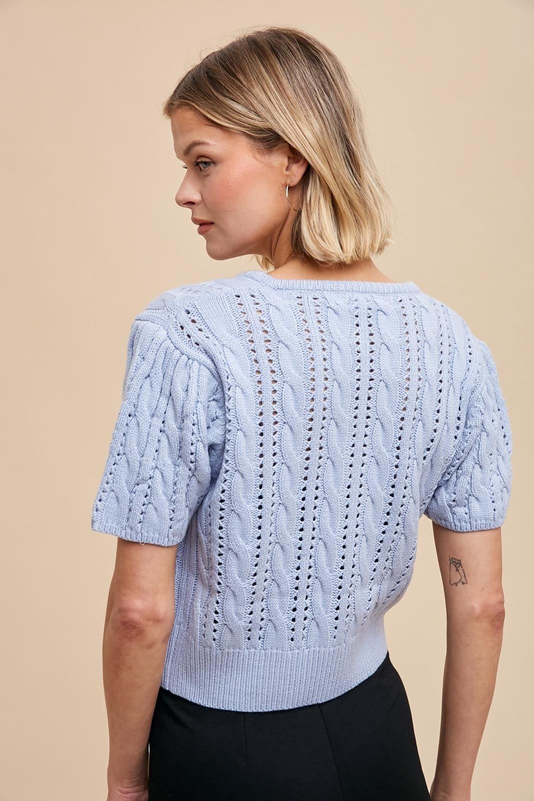 Powder Blue Cable Knit Puff Sleeve Cardigan sold by Pinkblush product image thumbnail 3