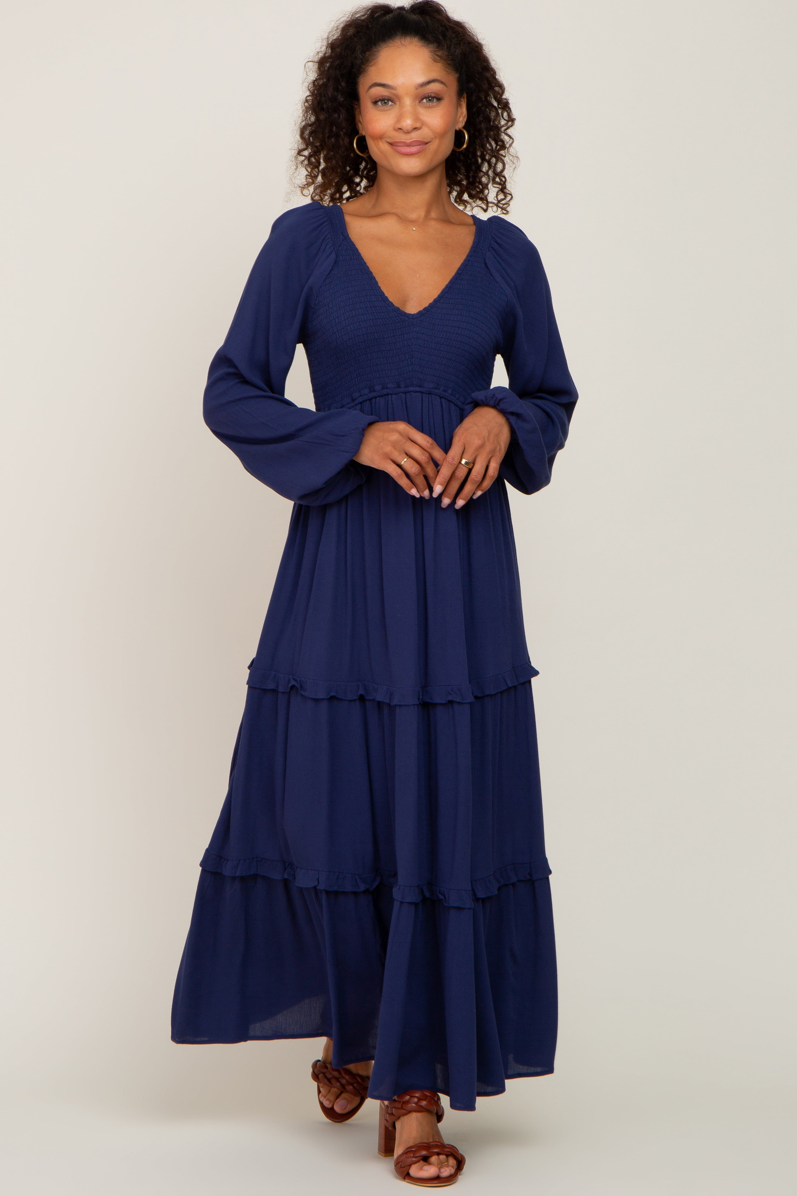 Navy Blue Smocked Tiered Midi Dress sold by Pinkblush product image thumbnail 4