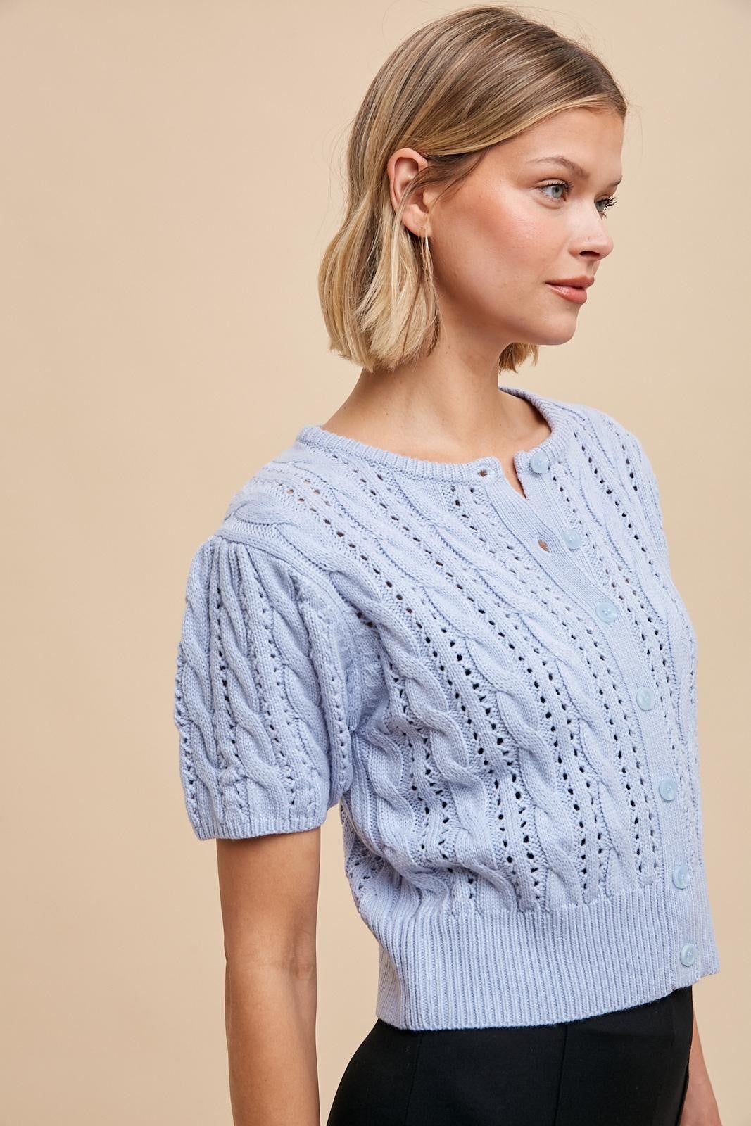 Powder Blue Cable Knit Puff Sleeve Cardigan sold by Pinkblush product image thumbnail 4