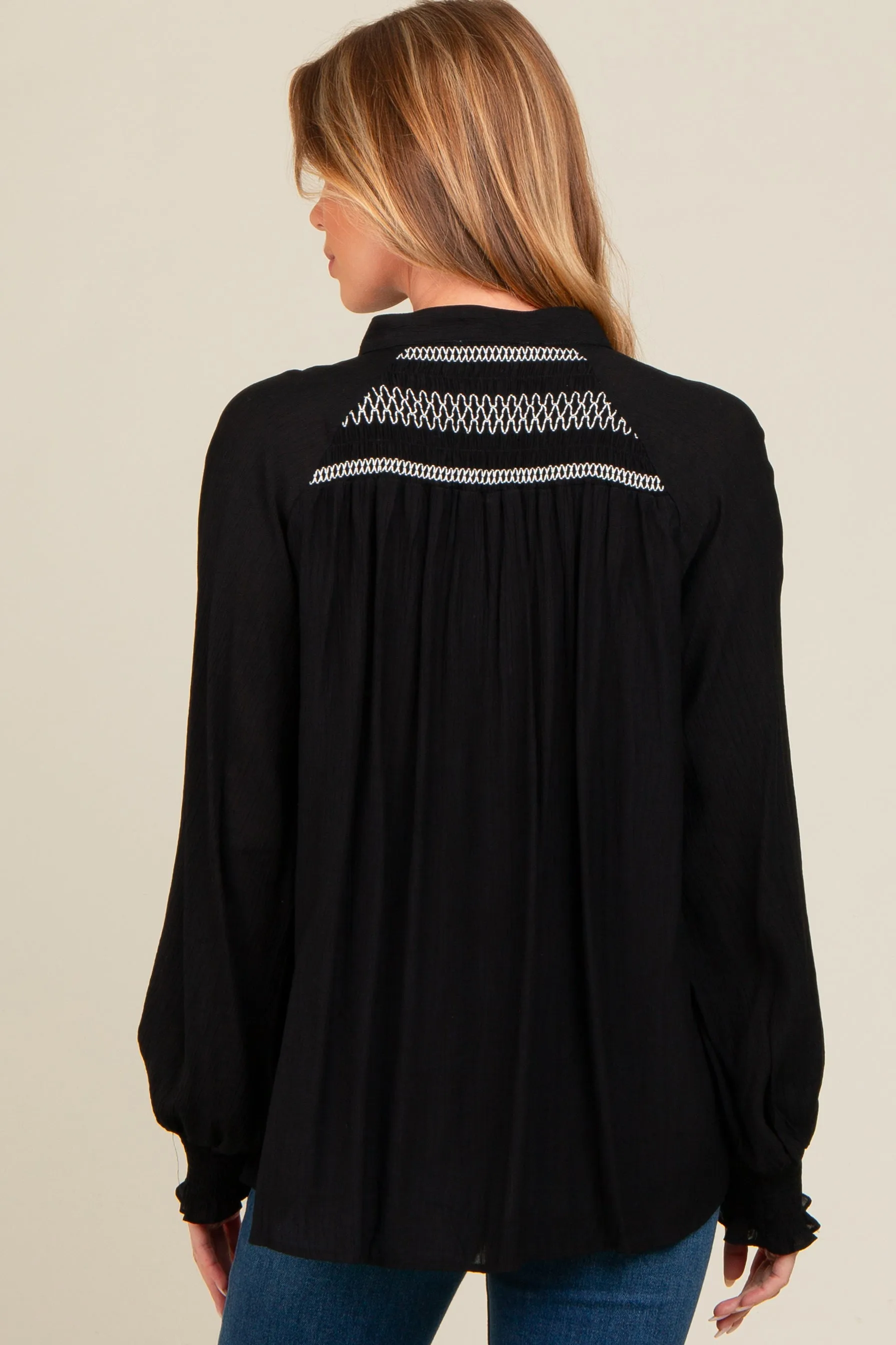 Black Embroidered Smocked Maternity Blouse sold by Pinkblush product image thumbnail 4