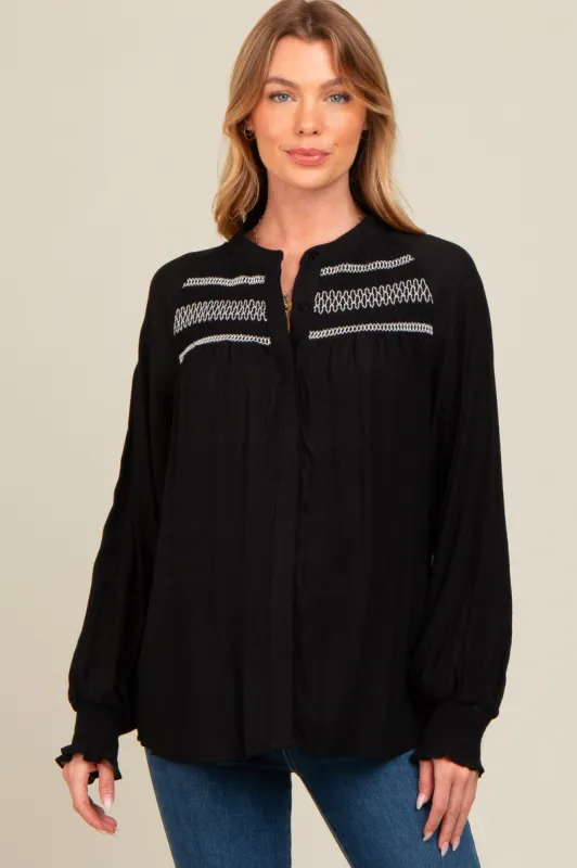 Black Embroidered Smocked Maternity Blouse sold by Pinkblush