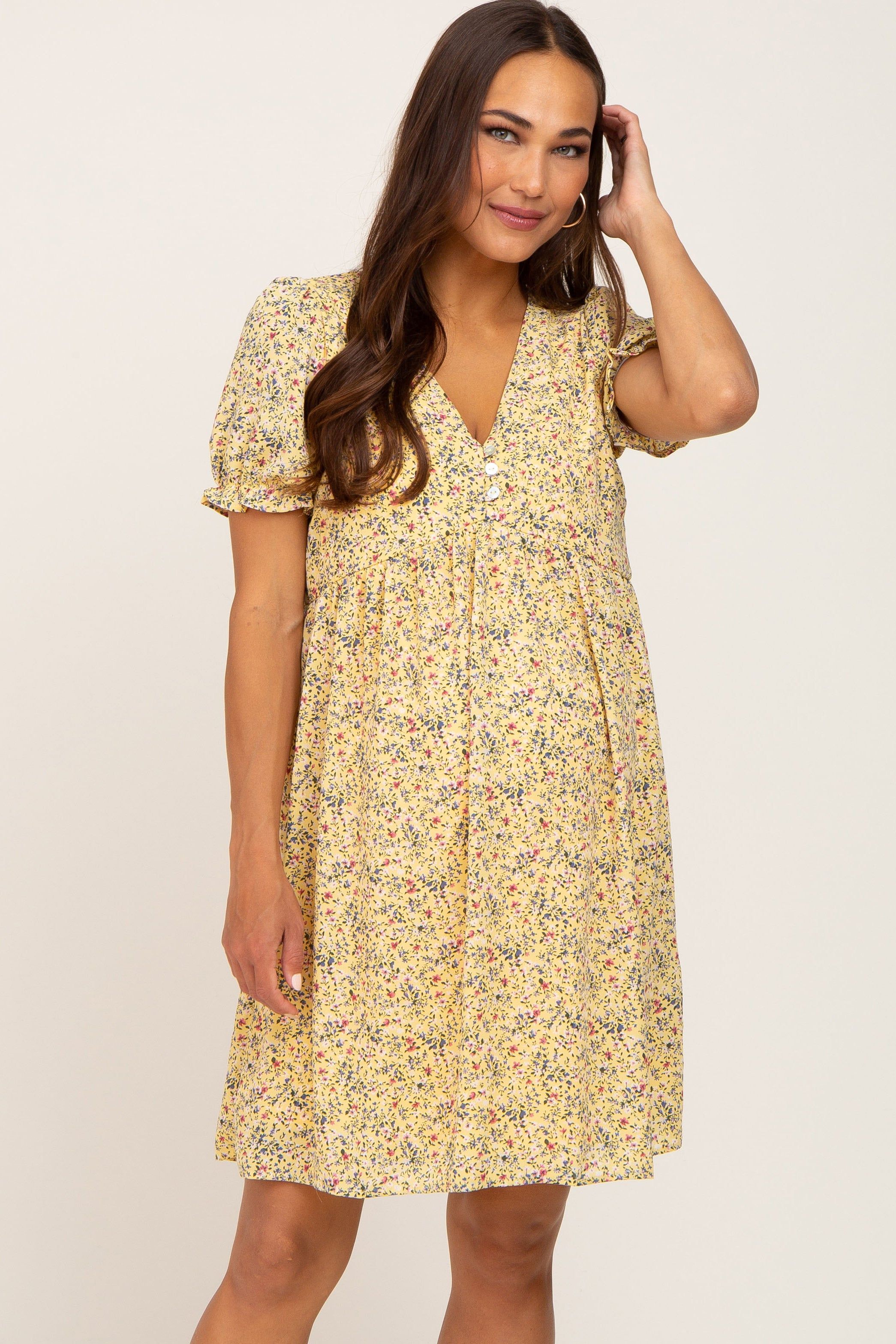 Yellow Floral V-Neck Button Maternity Dress sold by Pinkblush