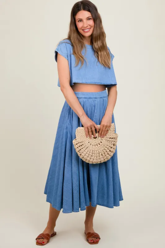 Blue Chambray Crop Top and Skirt Maternity Set sold by Pinkblush