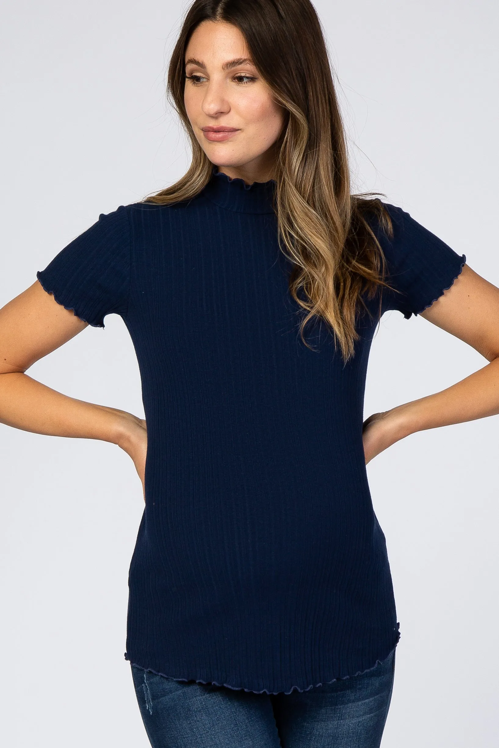 Navy Blue Ribbed Ruffle Trim Maternity Top sold by Pinkblush