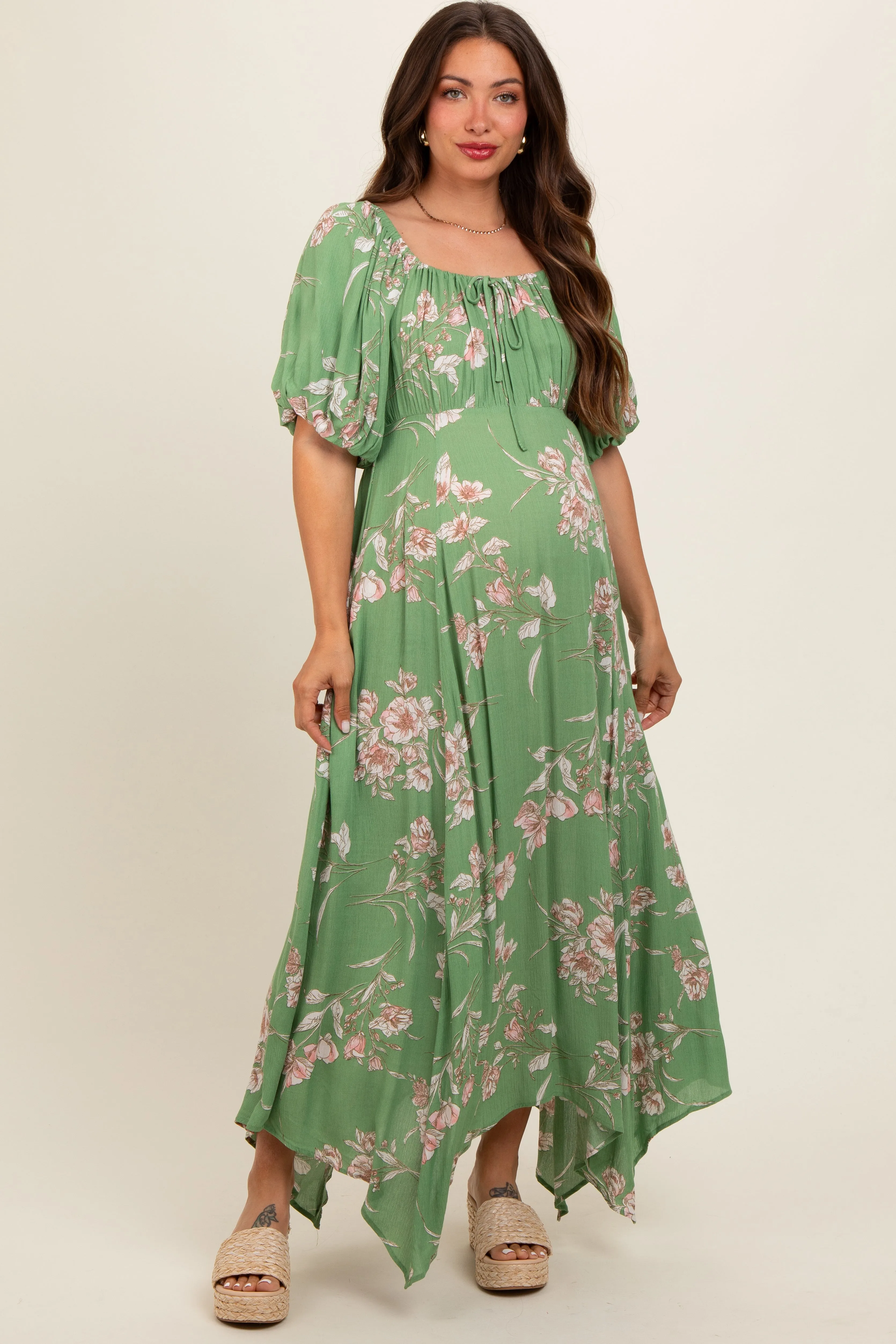 Light Olive Floral Puff Sleeve Maternity Maxi Dress sold by Pinkblush