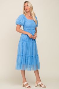 Light Blue Tulle Smocked Tiered Midi Dress sold by Pinkblush