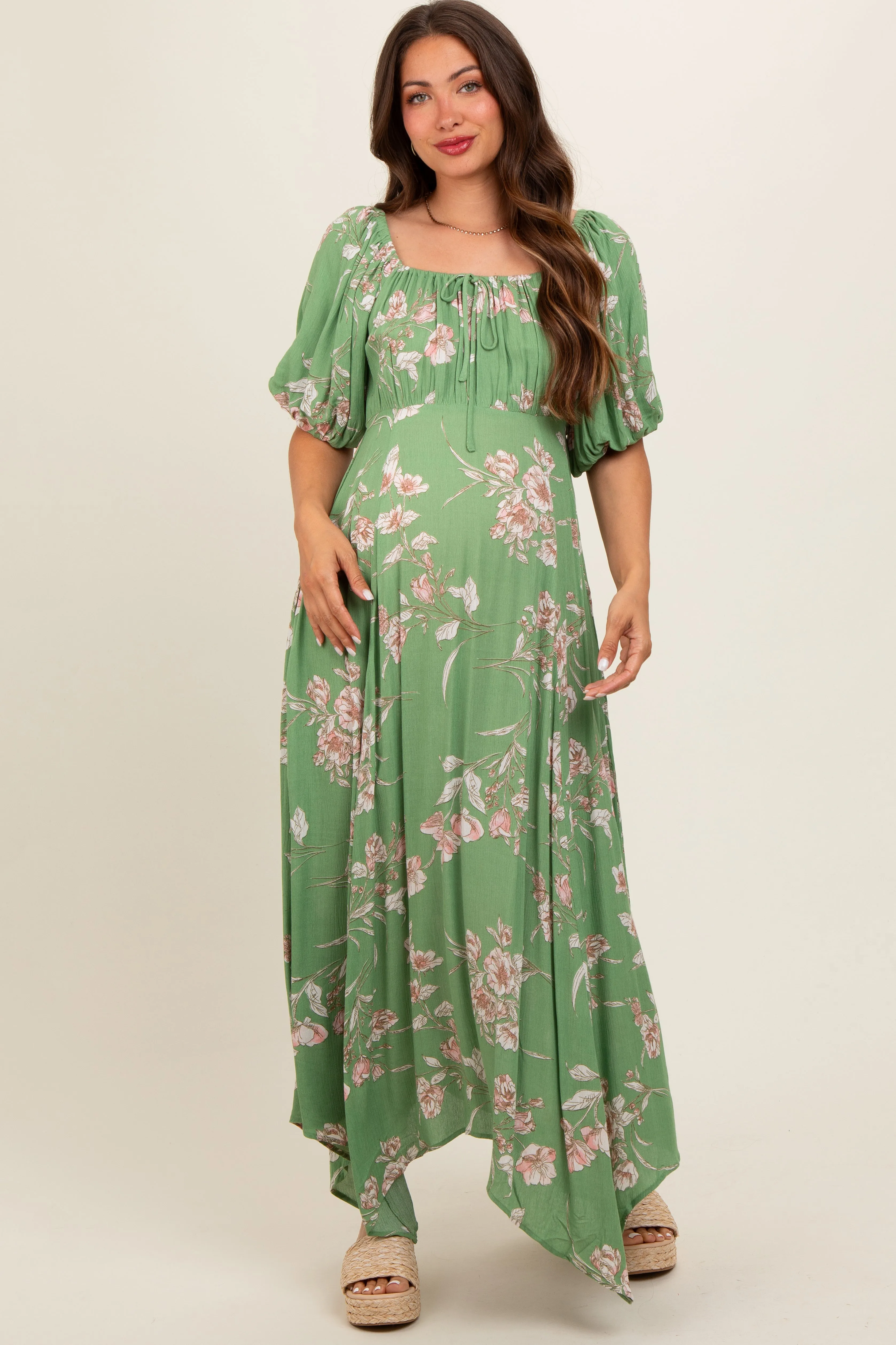 Light Olive Floral Puff Sleeve Maternity Maxi Dress sold by Pinkblush product image thumbnail 2