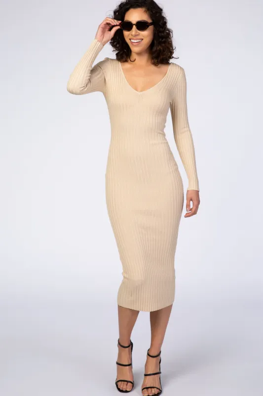 Taupe V-Neck Long Sleeve Fitted Maxi Dress sold by Pinkblush