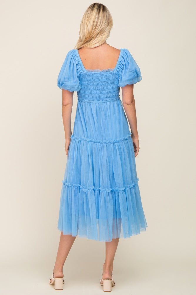 Light Blue Tulle Smocked Tiered Midi Dress sold by Pinkblush product image thumbnail 3