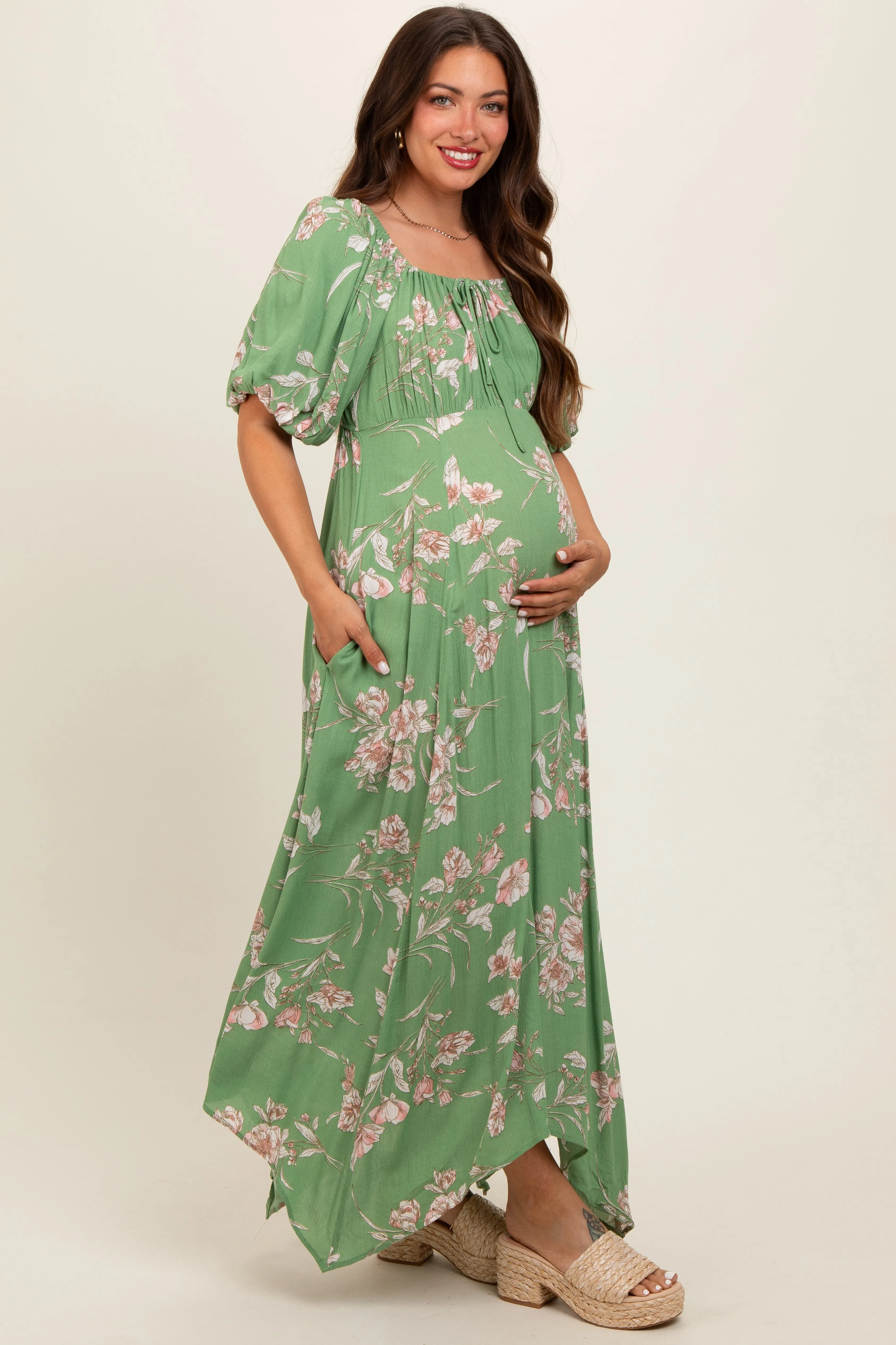 Light Olive Floral Puff Sleeve Maternity Maxi Dress sold by Pinkblush product image thumbnail 3