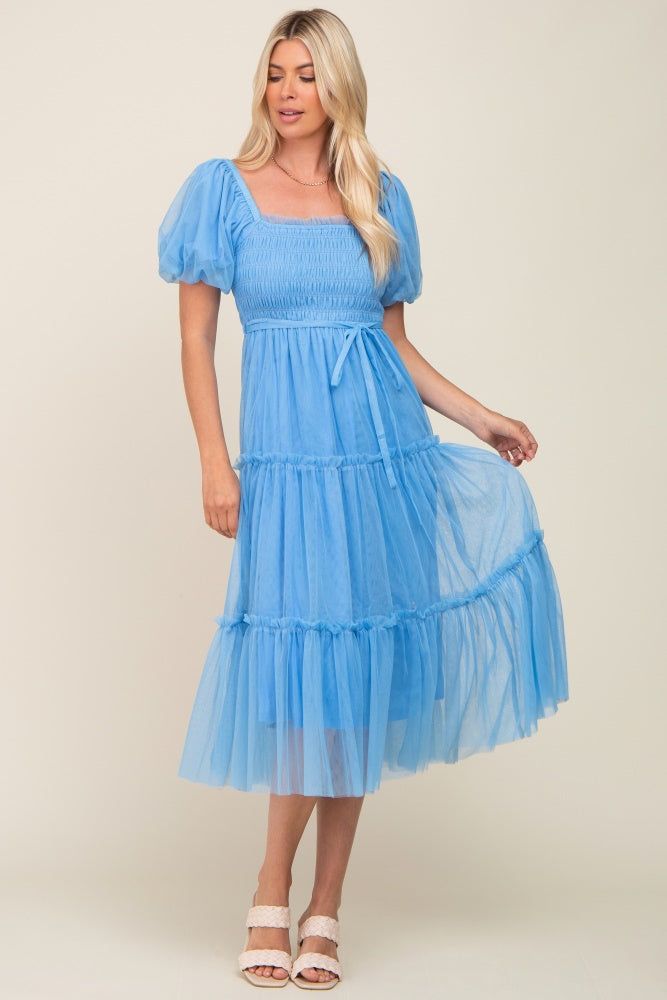 Light Blue Tulle Smocked Tiered Midi Dress sold by Pinkblush product image thumbnail 4